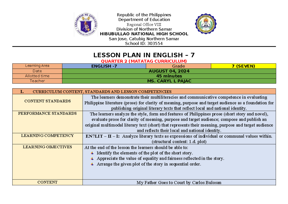 LP Matatag 122223 English 7 Lesson Plan Analyzing Short Story 