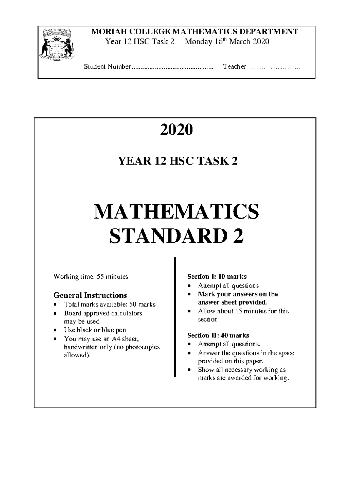 2020 yr 12 Standard Mathematics TASK 2 - 2020 YEAR 12 HSC TASK 2 ...