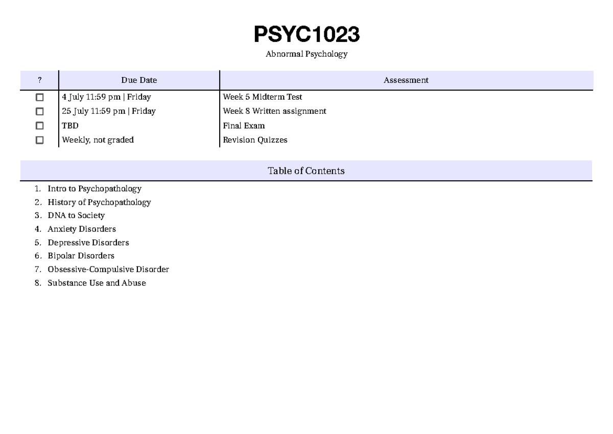 PSYC1023 - Abnormal Psychology Midterm Study Notes and Key Concepts ...