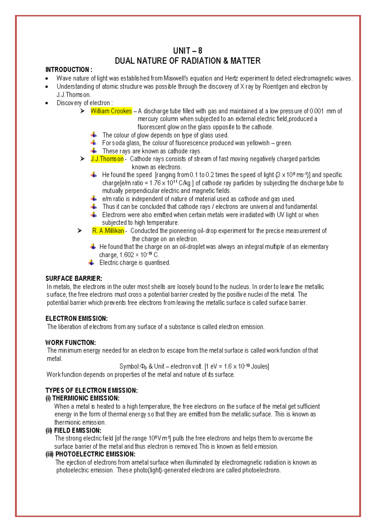 UNIT 8 DUAL NATURE OF RADIATION AND MATTER: INTRODUCTION NOTES - Studocu
