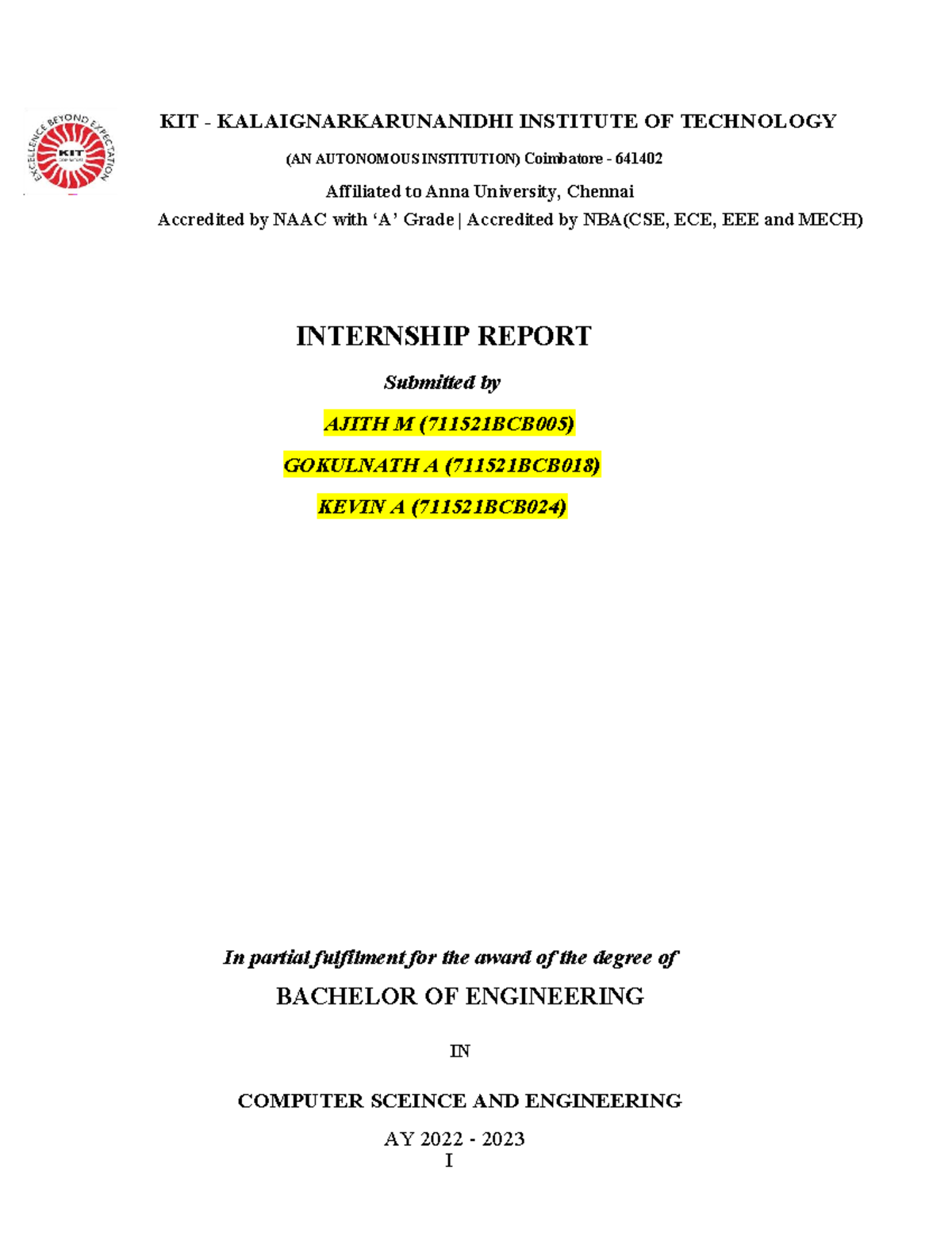 KIT - B.E. Computer Science Internship Report (2022-2023) - Studocu