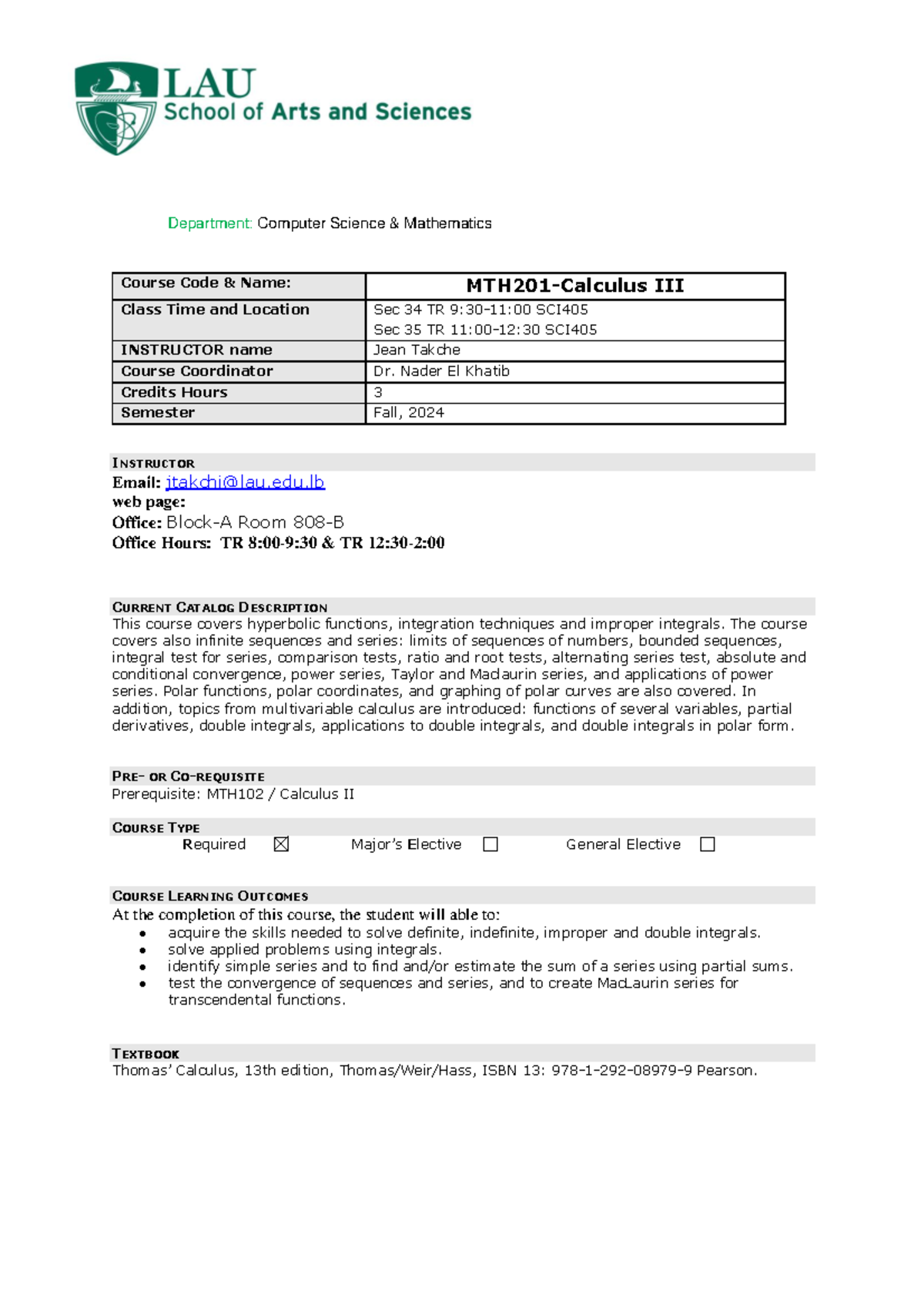 MTH201 - Fall 2024 - Syllabus for Calculus and Series Concepts - Studocu