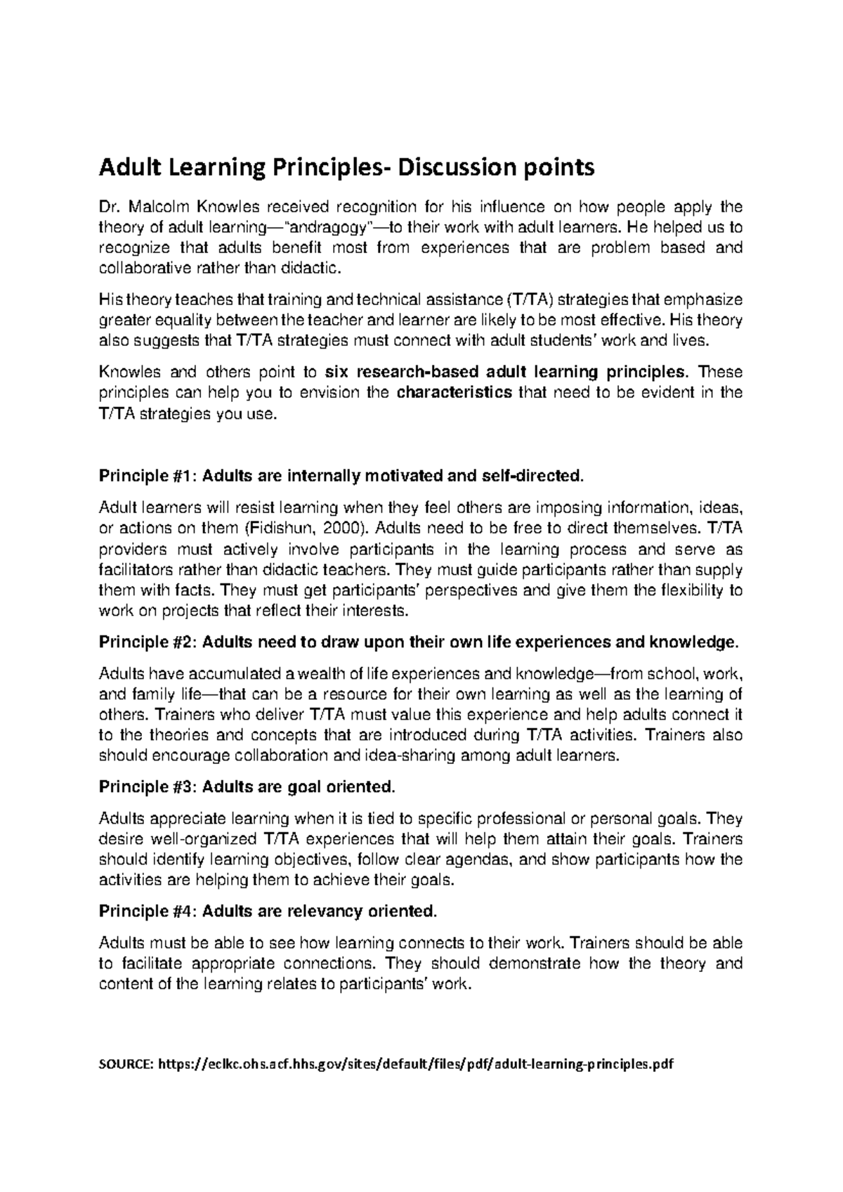 Adult Learning Principles- Discussion points - SOURCE: - Studocu