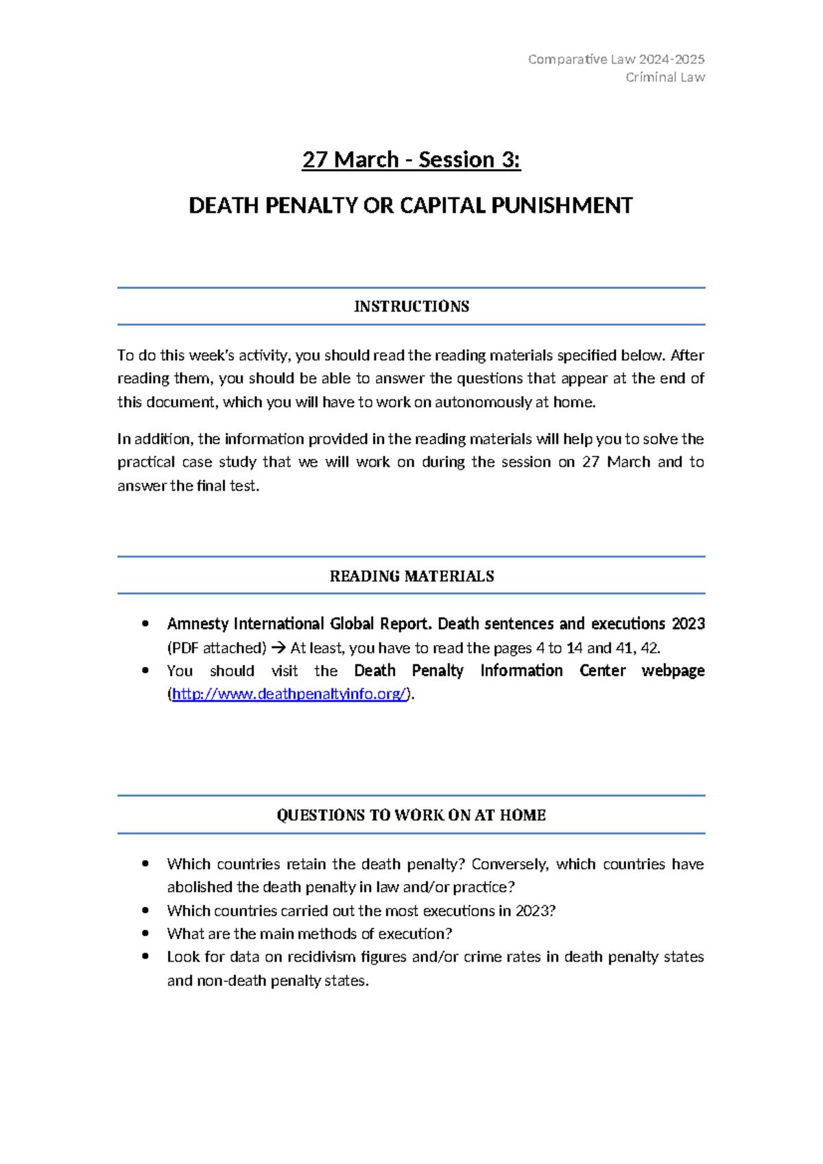 Session 3: Death Penalty - Comparative Law Criminal Study 24-25 - Studocu
