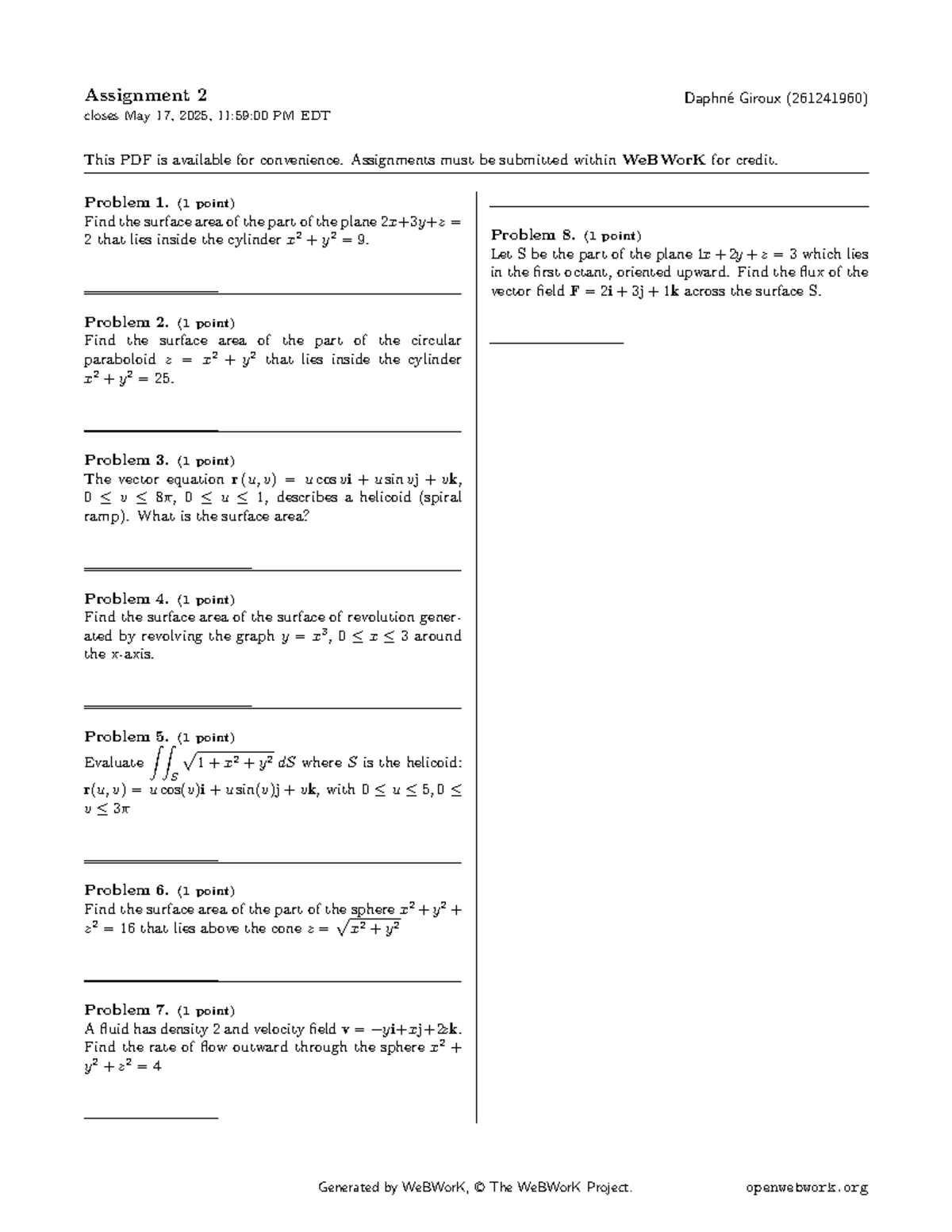 MATH264 Assignment 2: Surface Area and Flux Problems (Due May 17, 2025 ...