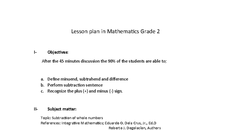 Mathematics Grade 2 Lesson Plan: Understanding Subtraction Concepts ...