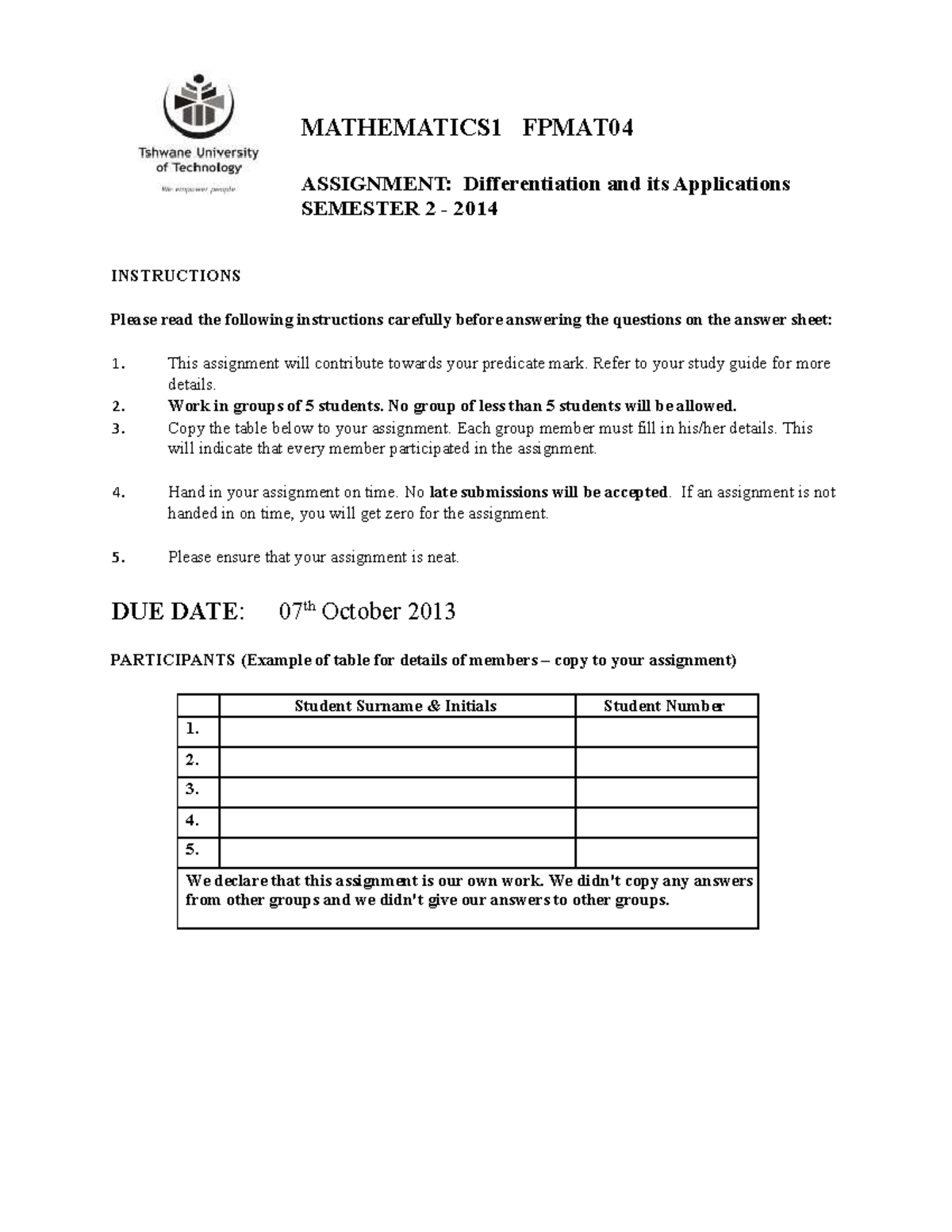 Xid-1842122 1 2014 - assignment for mathematics - MATHEMATICS1 FPMAT ...