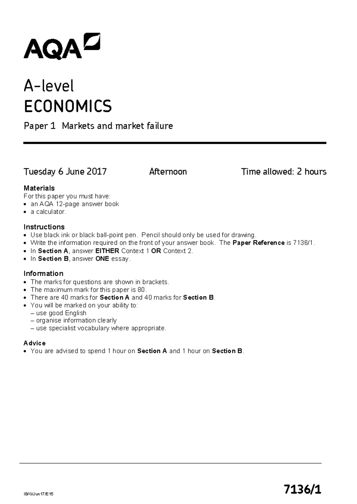 AQA A Level Economics Paper 1: Markets & Market Failure - June 2017 ...