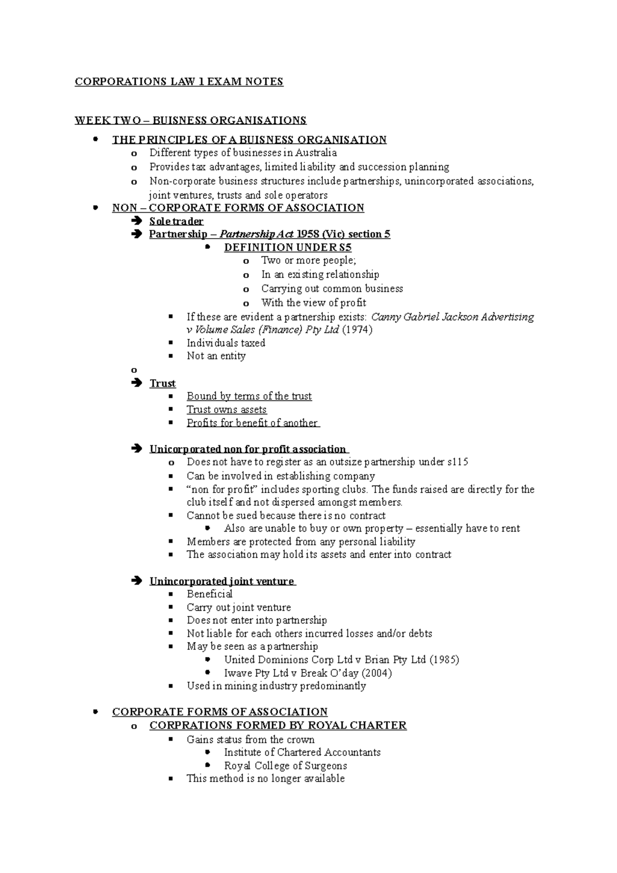 Corporations LAW 1 EXAM Notes - CORPORATIONS LAW 1 EXAM NOTES WEEK TWO ...