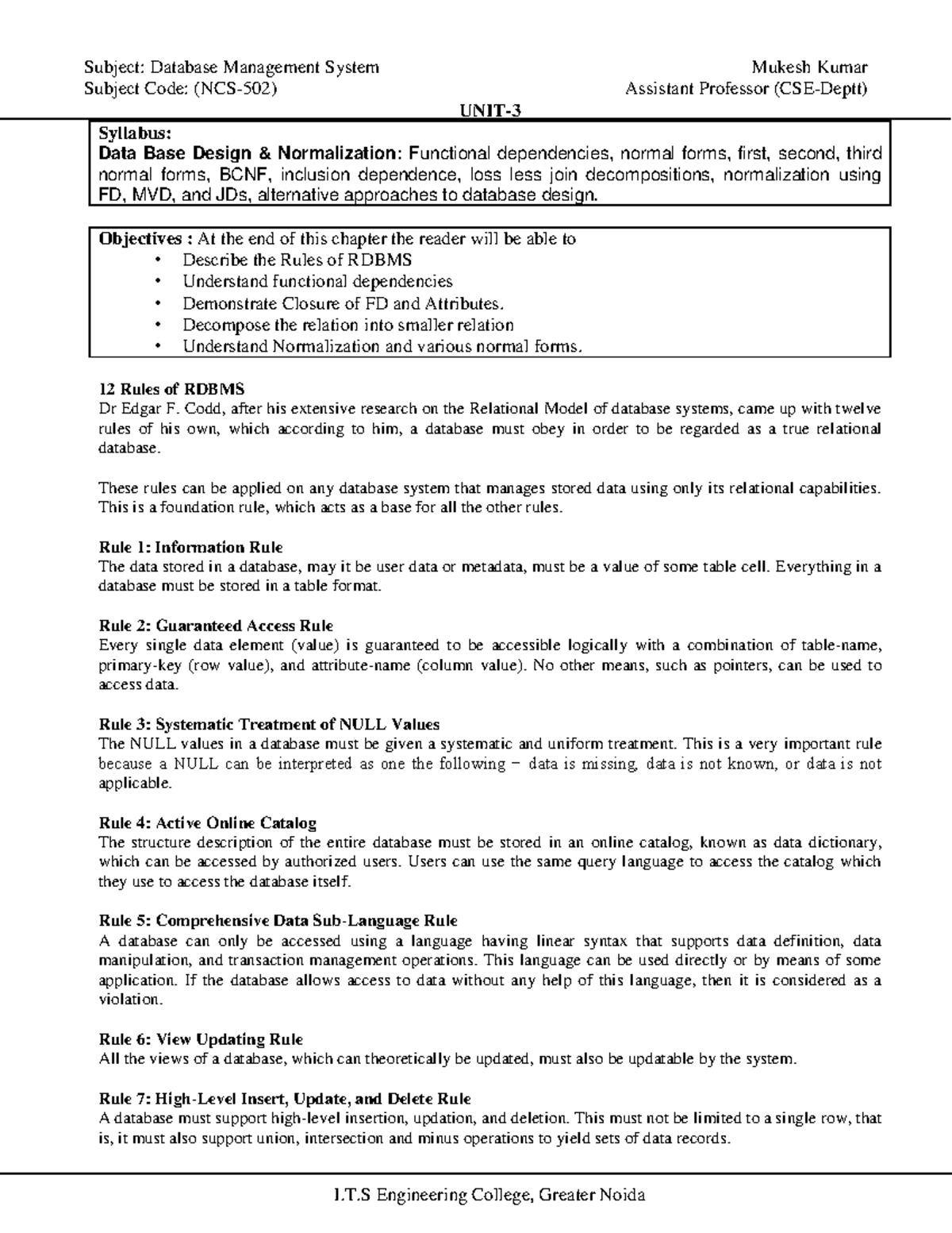 DBMS Syllabus: Normalization & Functional Dependencies (Unit 3) - Studocu