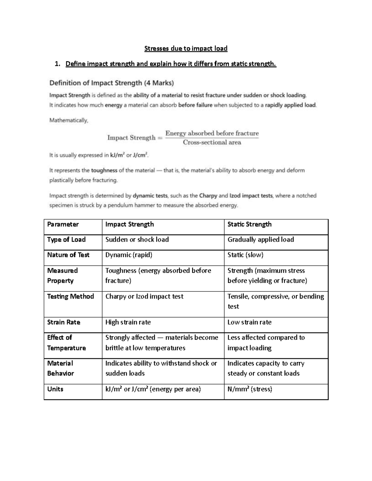 Impact Load Stresses: Strength Comparison & Stress Derivation - Studocu
