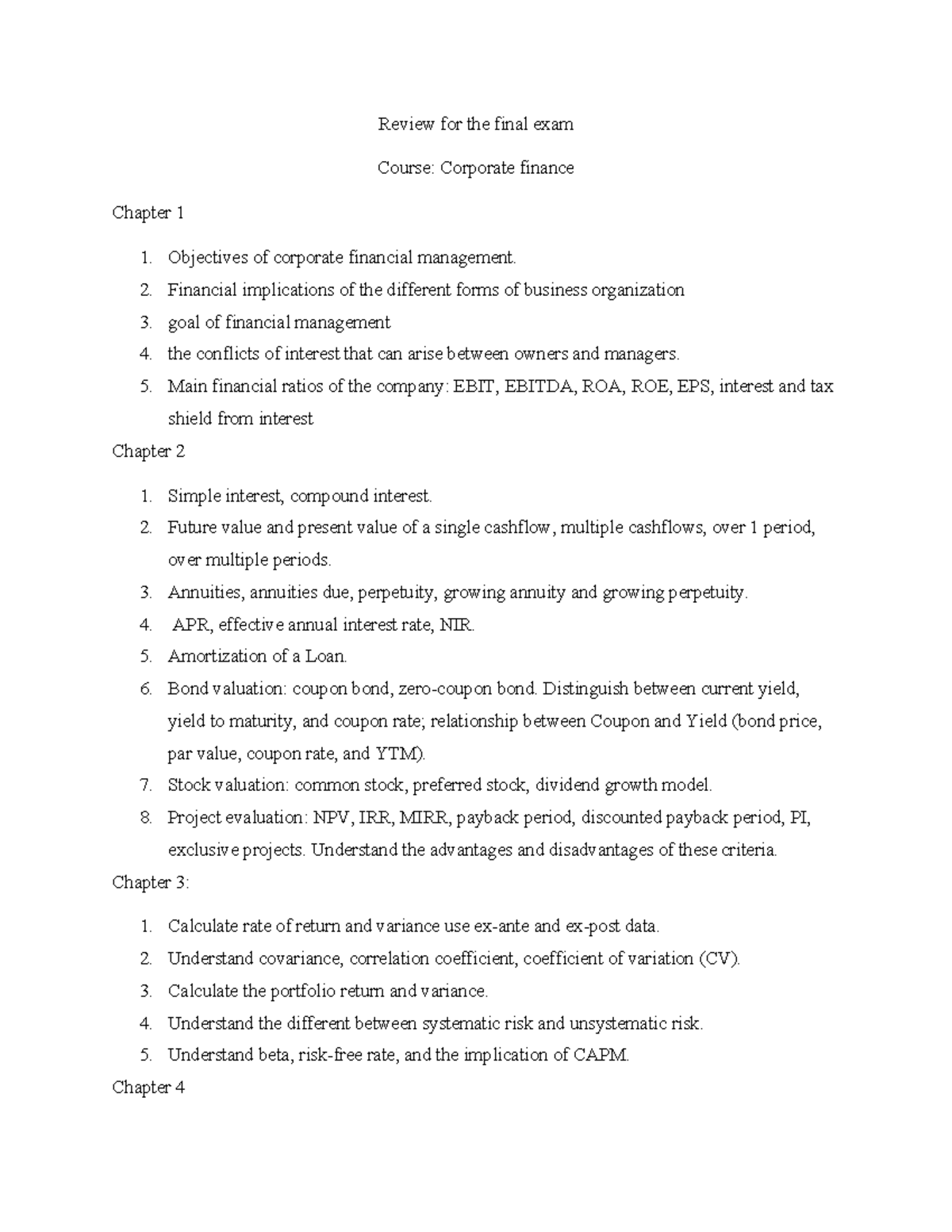 Corporate Finance (FIN 301) Final Exam Review Notes - Studocu