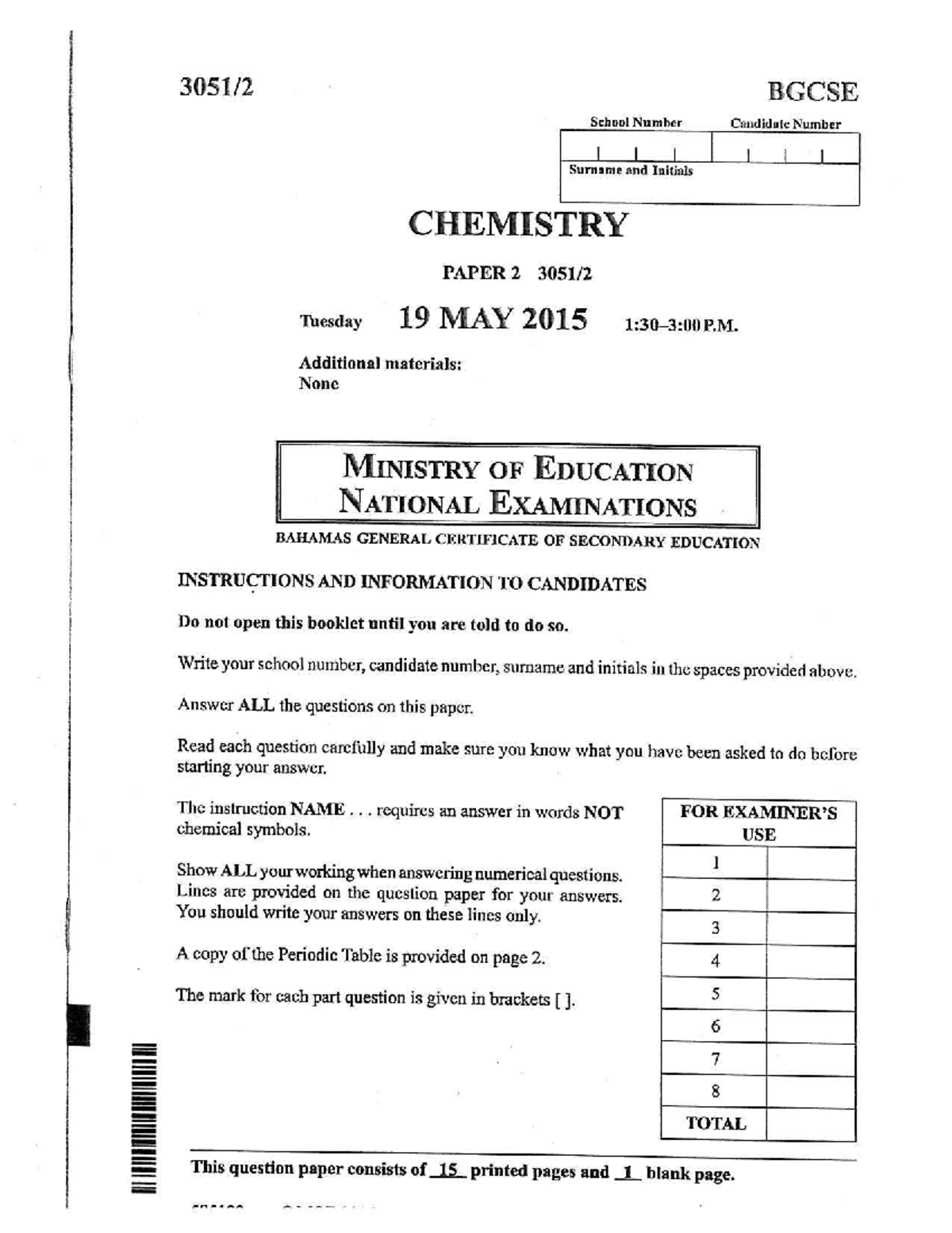 Chemistry Paper 2 BGCSE Exam - May 19, 2015 - Studocu