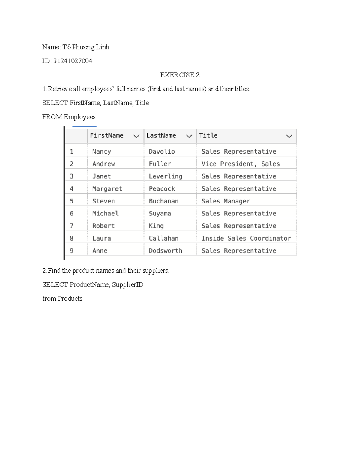 SQL - Exercise 2: Employee, Product, and Customer Queries - Studocu
