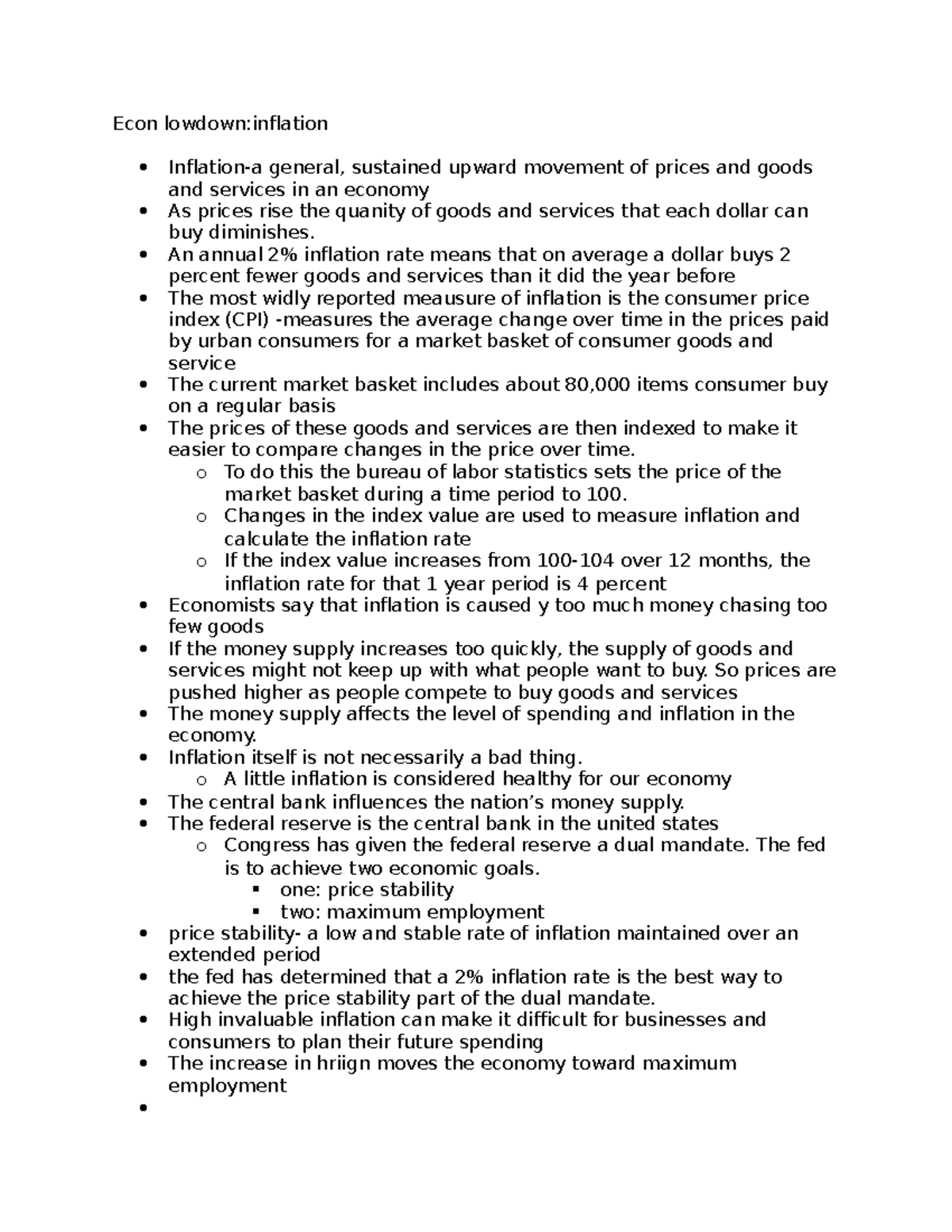Econ 101: Inflation Overview and Consumer Price Index Notes - Studocu