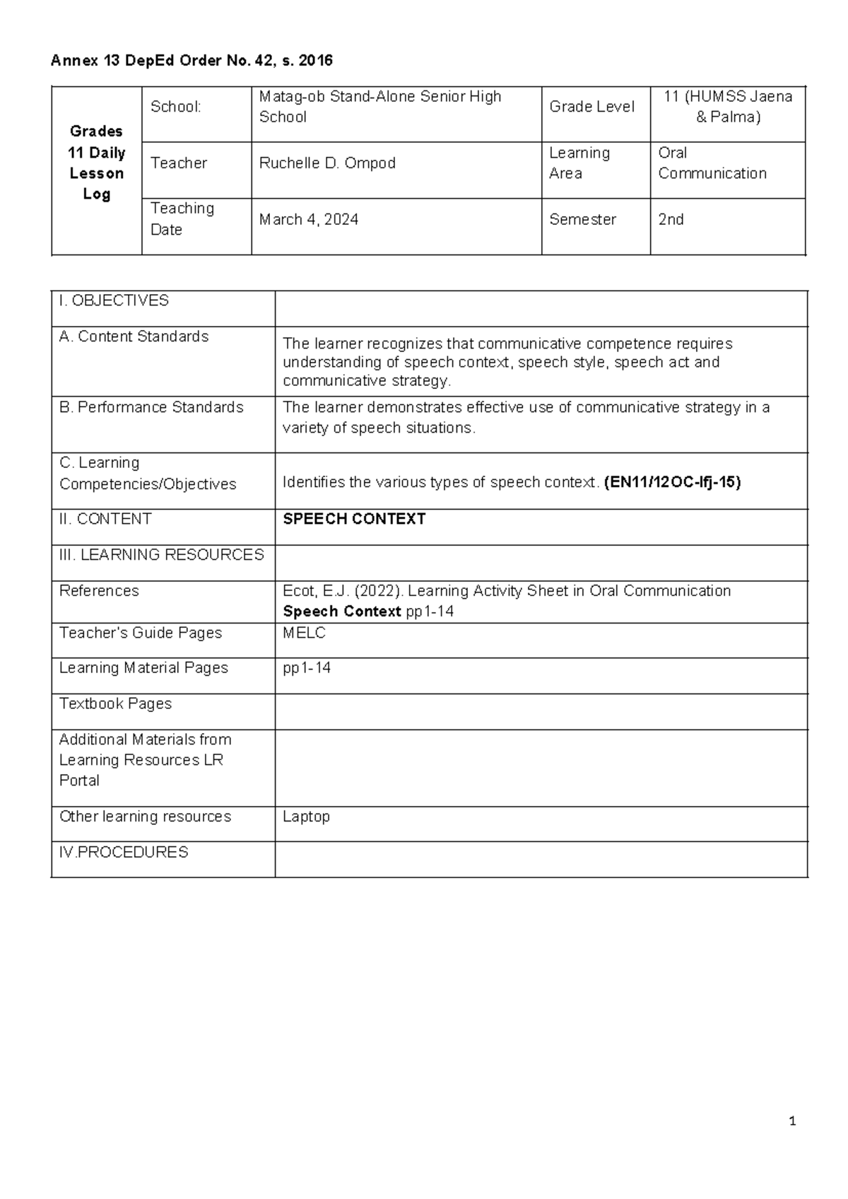 LP-FOR-CO- Speech Context Lesson Plan for Grade 11 Oral Comm - Studocu