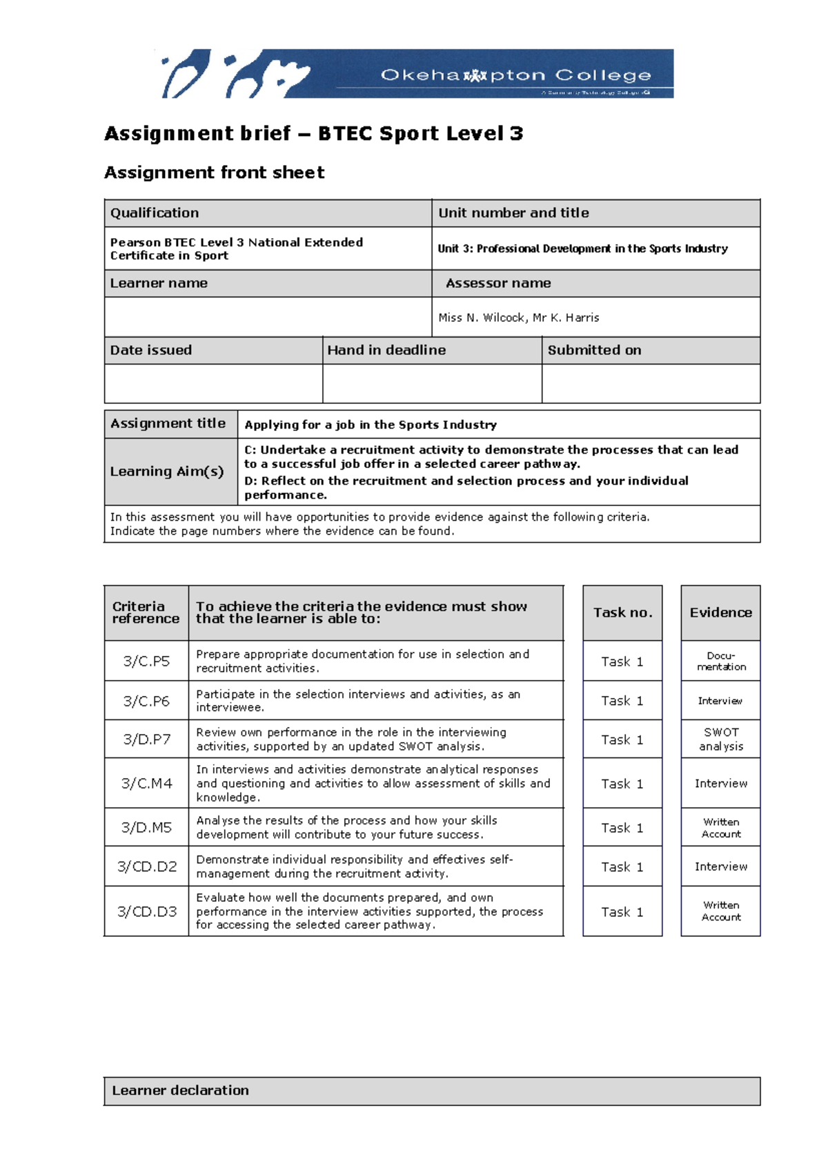 BTEC L3 Unit 3 Assignment 2: Recruitment Process & Self-Reflection ...