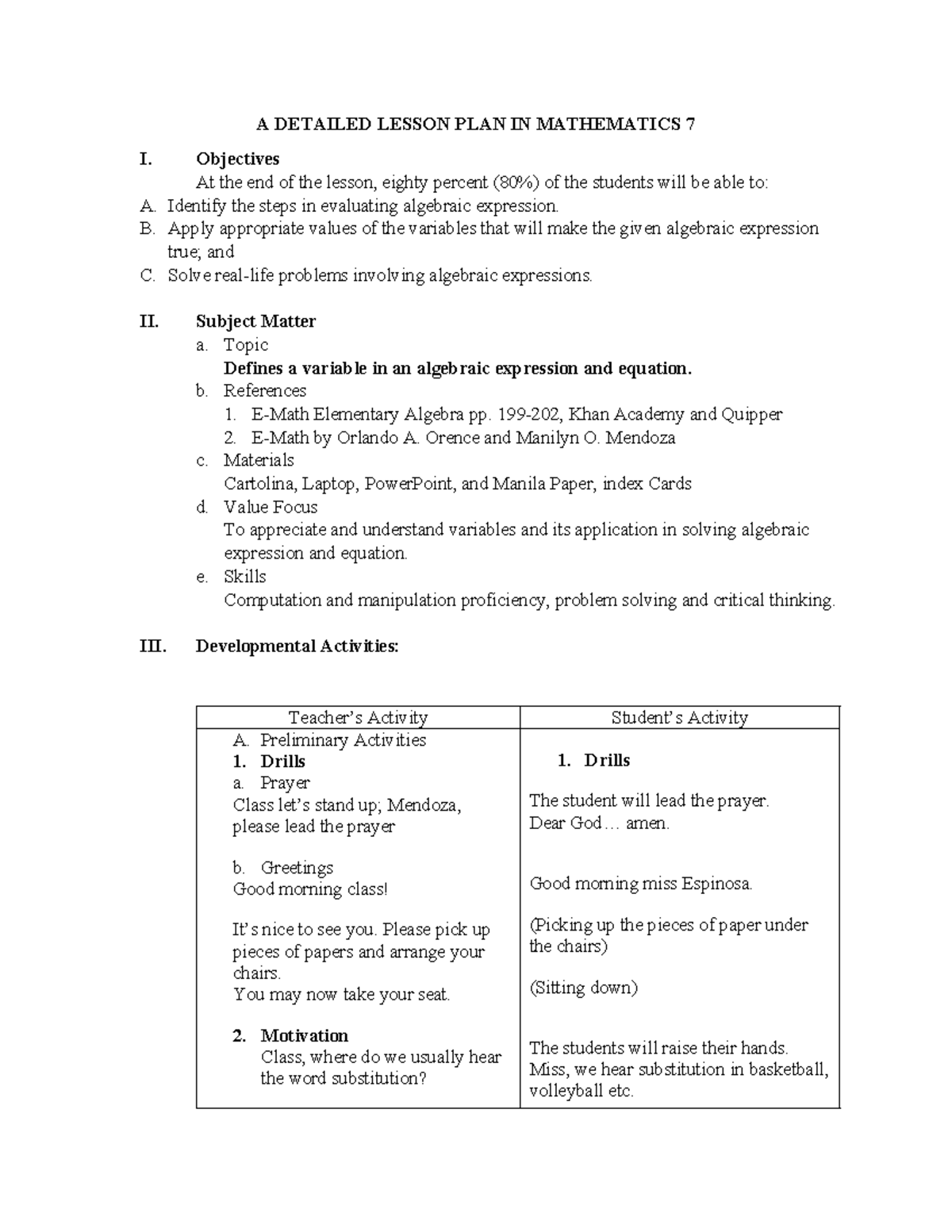 Mathematics 7: Detailed Lesson Plan on Evaluating Algebraic Expressions ...