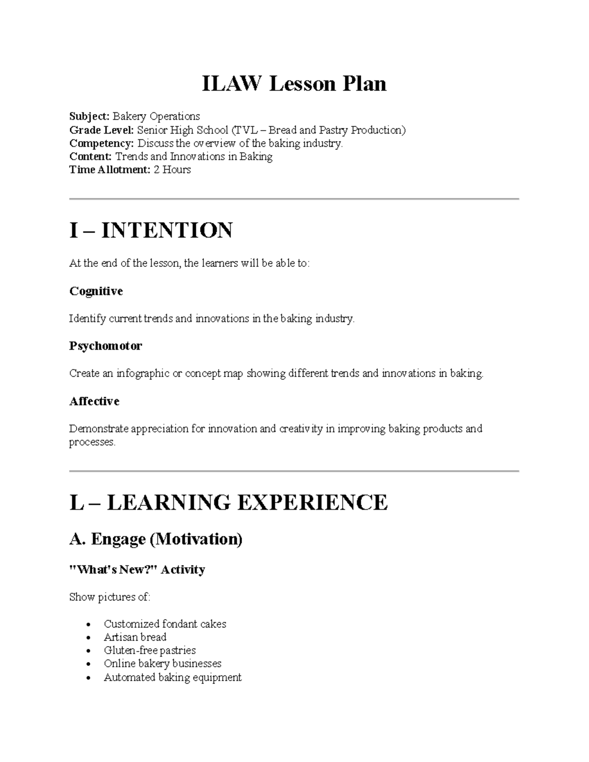 ILAW Lesson Plan: Trends & Innovations in Bakery Operations (TVL) - Studocu