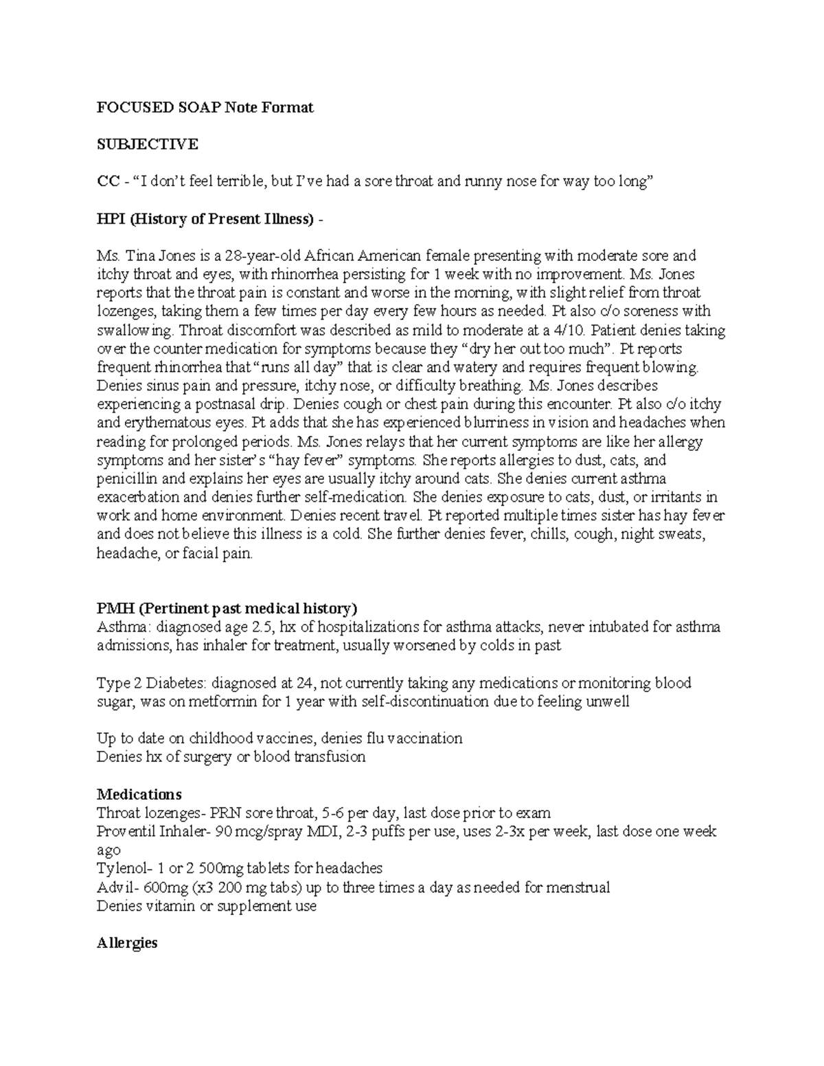Head ENT SOAP Note: Ms. Tina Jones' Allergic Rhinitis Assessment - Studocu