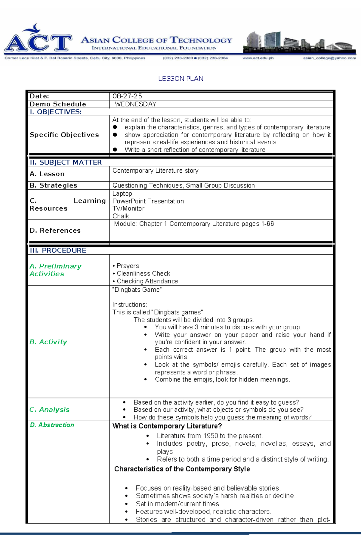 Contemporary Literature Lesson Plan (Conlit) - Studocu