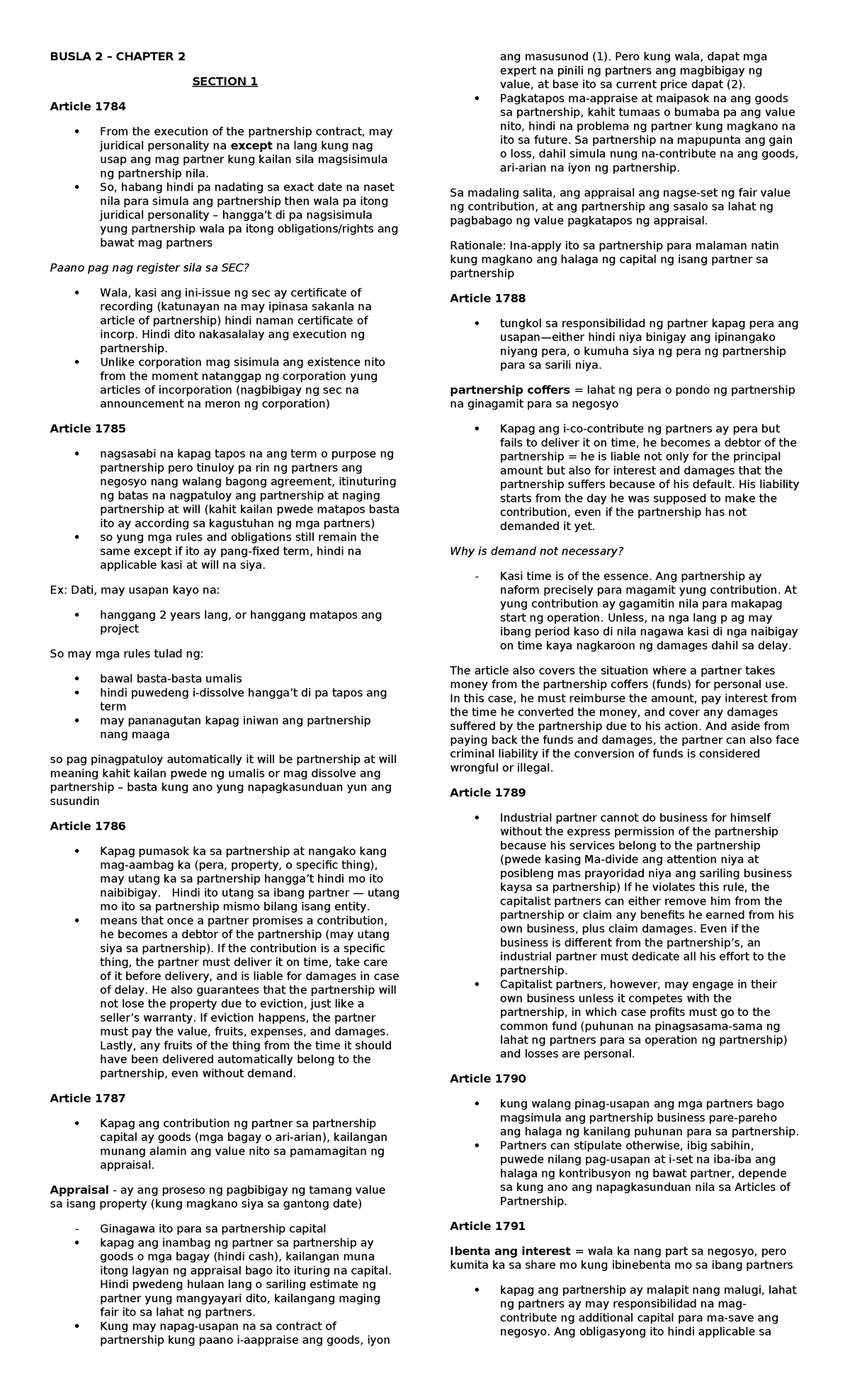 BUSLA 2 – CHAPTER 2: Articles on Partnership Obligations and Rights ...