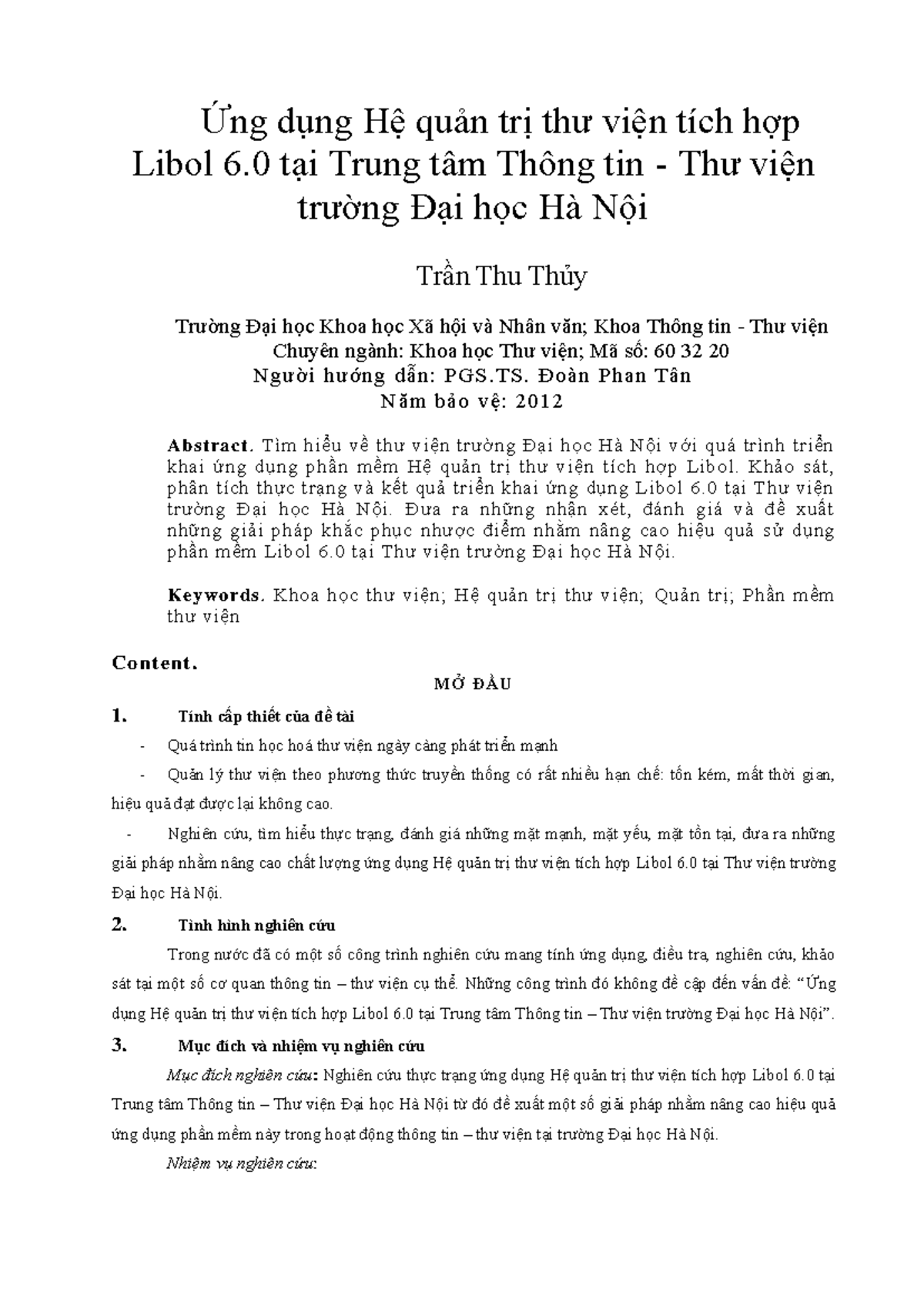 Nghiên cứu Ứng dụng Libol 6.0 tại Thư viện ĐH Hà Nội - Chuyên ngành ...