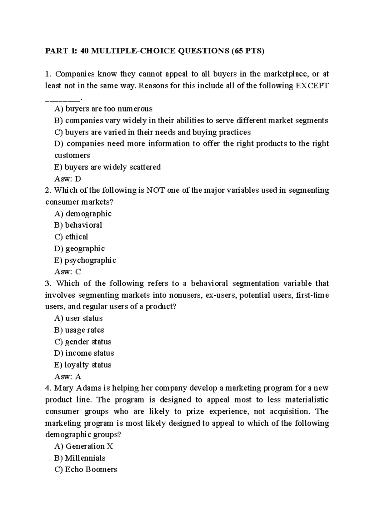 Midterm Exam Sample Test for POM: 40 Questions on Marketing Concepts ...