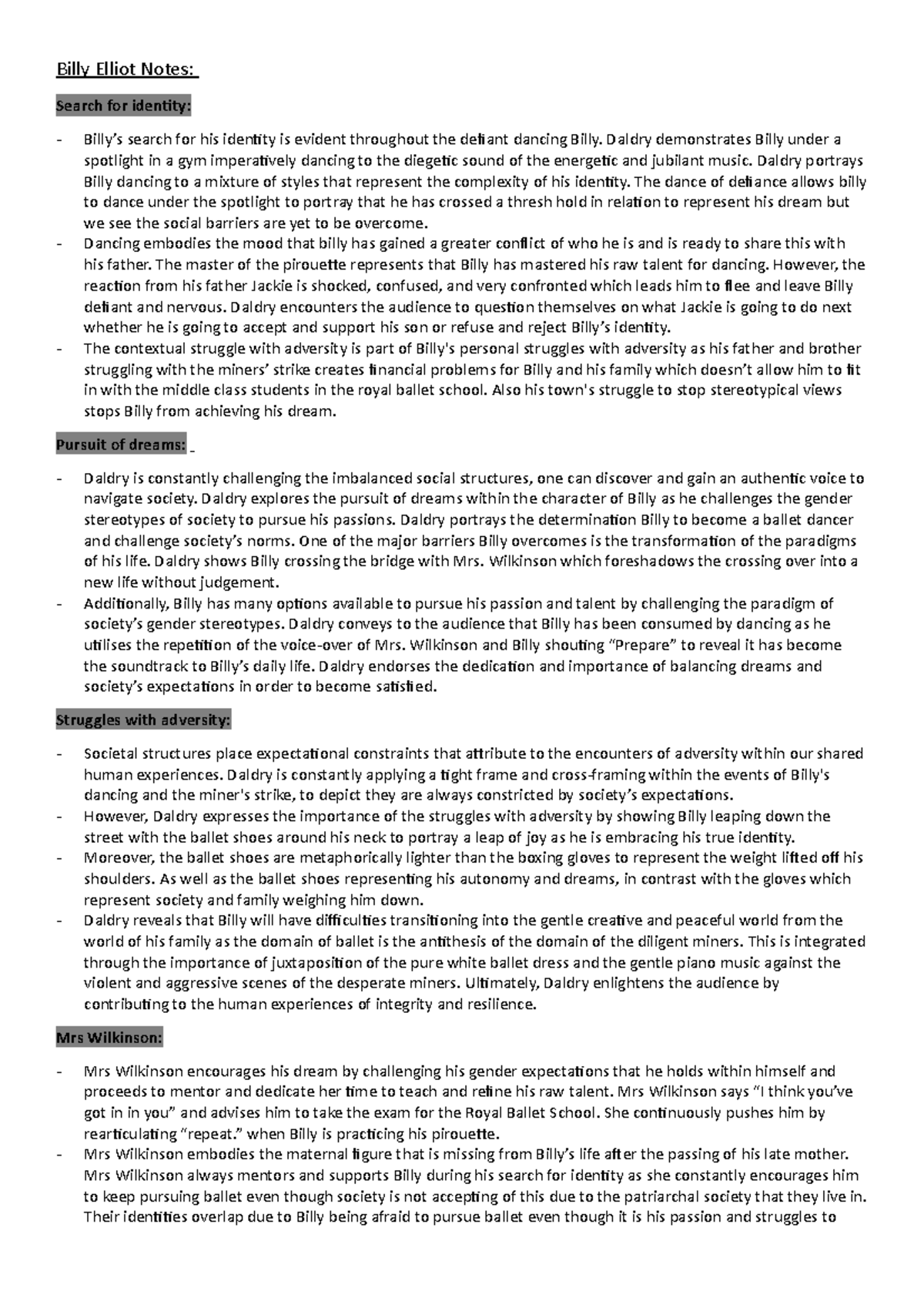 Billy Elliot Notes - 3728.2 - UWS - Studocu