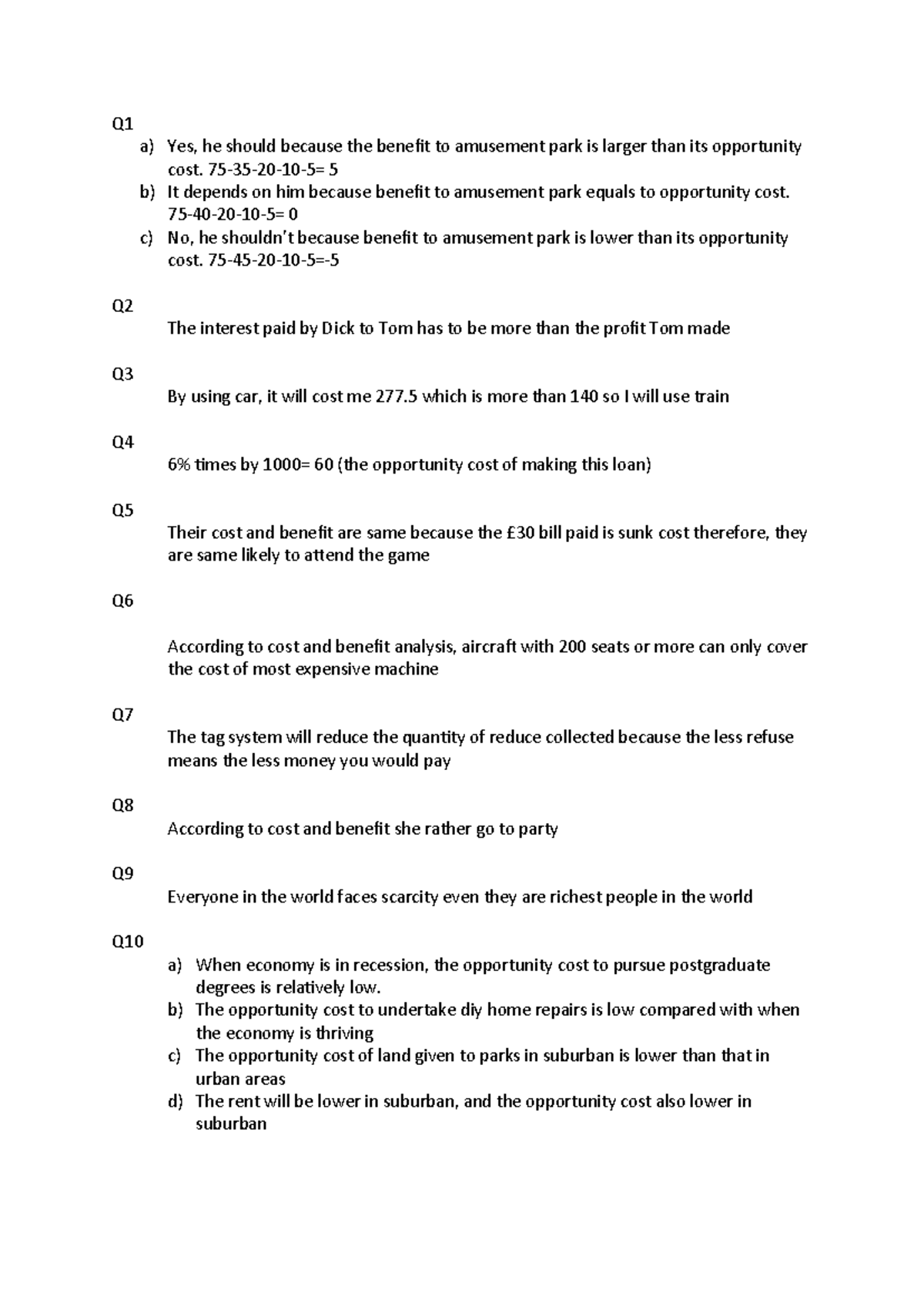 ECO101 Tutorial 1 - Answers on Opportunity Cost & Cost-Benefit Analysis ...