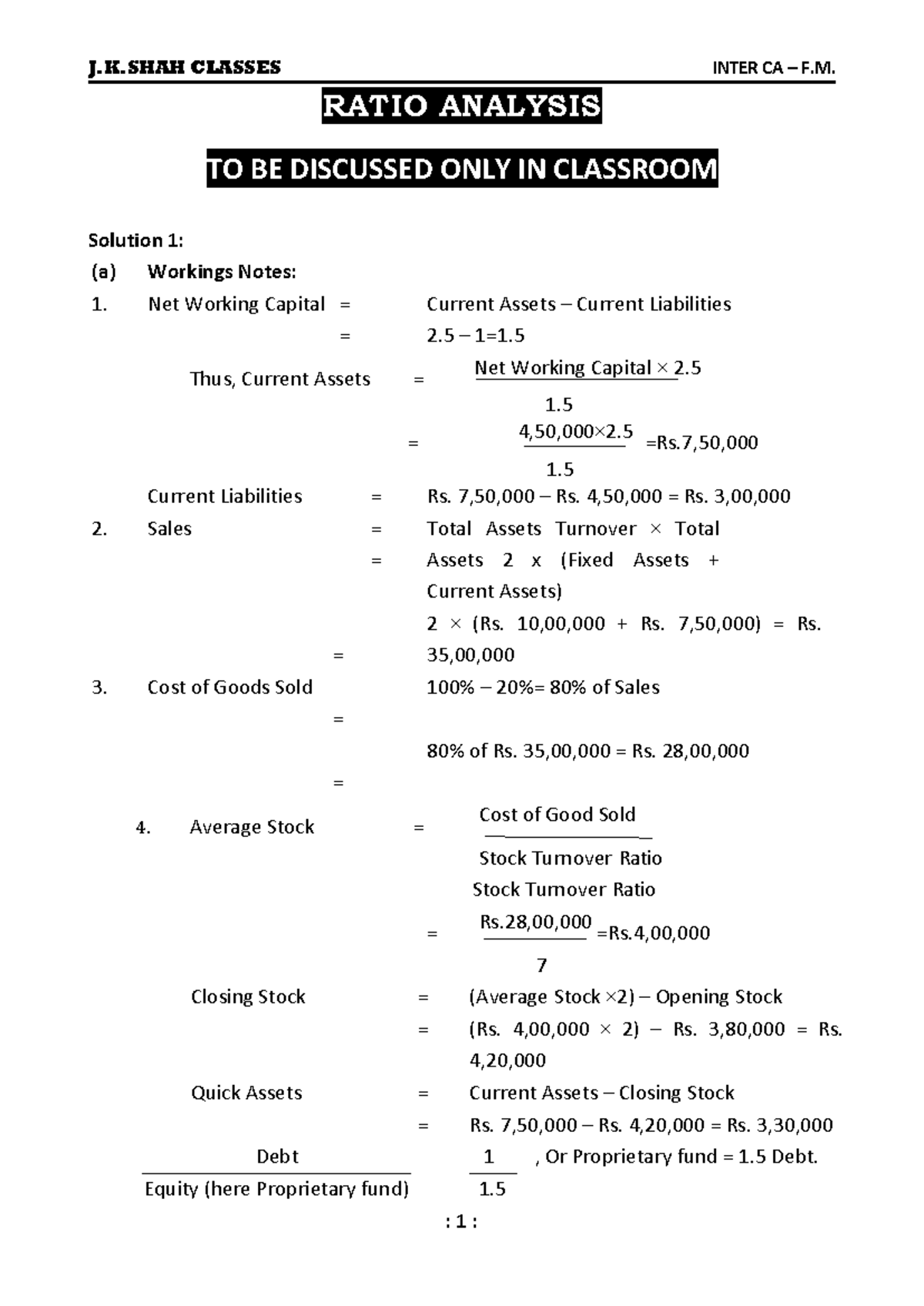 RATIO ANALYSIS (FIN 101) - Practice Material for Classroom Discussion ...