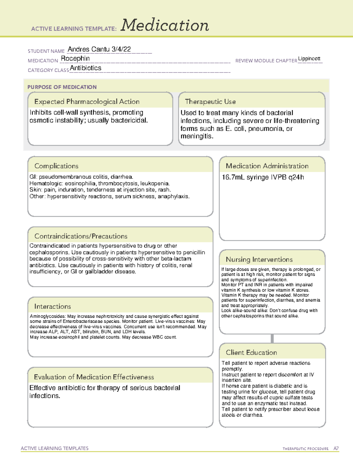 ATI Med Form, Rocephin informational use - ACTIVE LEARNING TEMPLATE ...