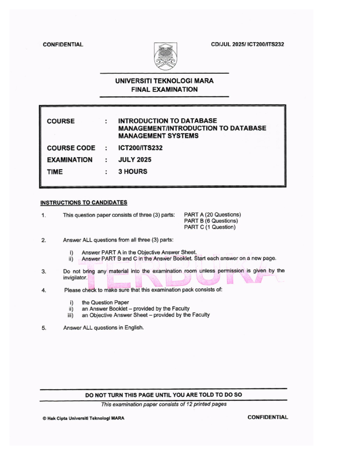 ICT JULY 2025 - Final Exam Paper for Database Management Systems - Studocu