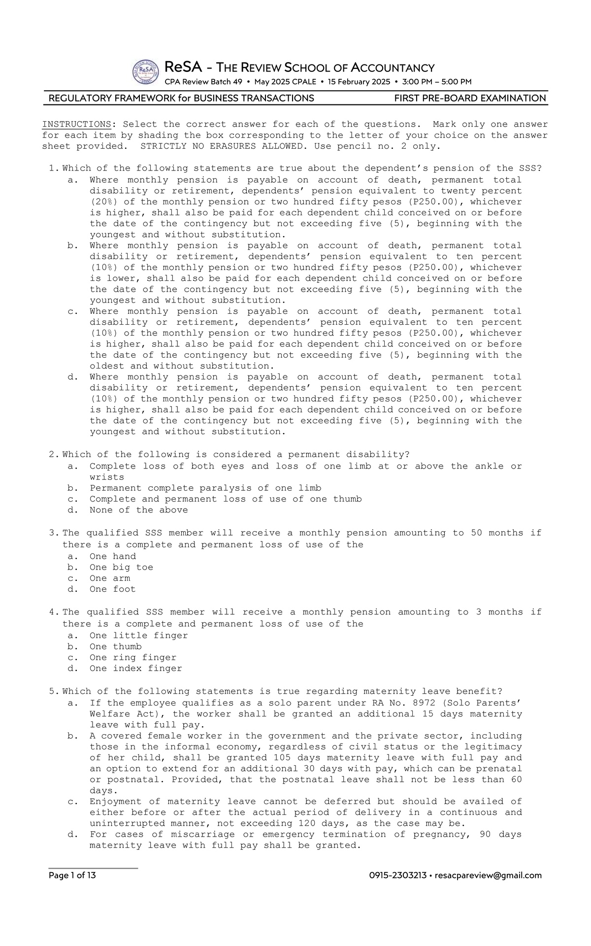 ReSA B49 RFBT First Exam Questions & Answers CPALE 15 Feb 2025 - Studocu