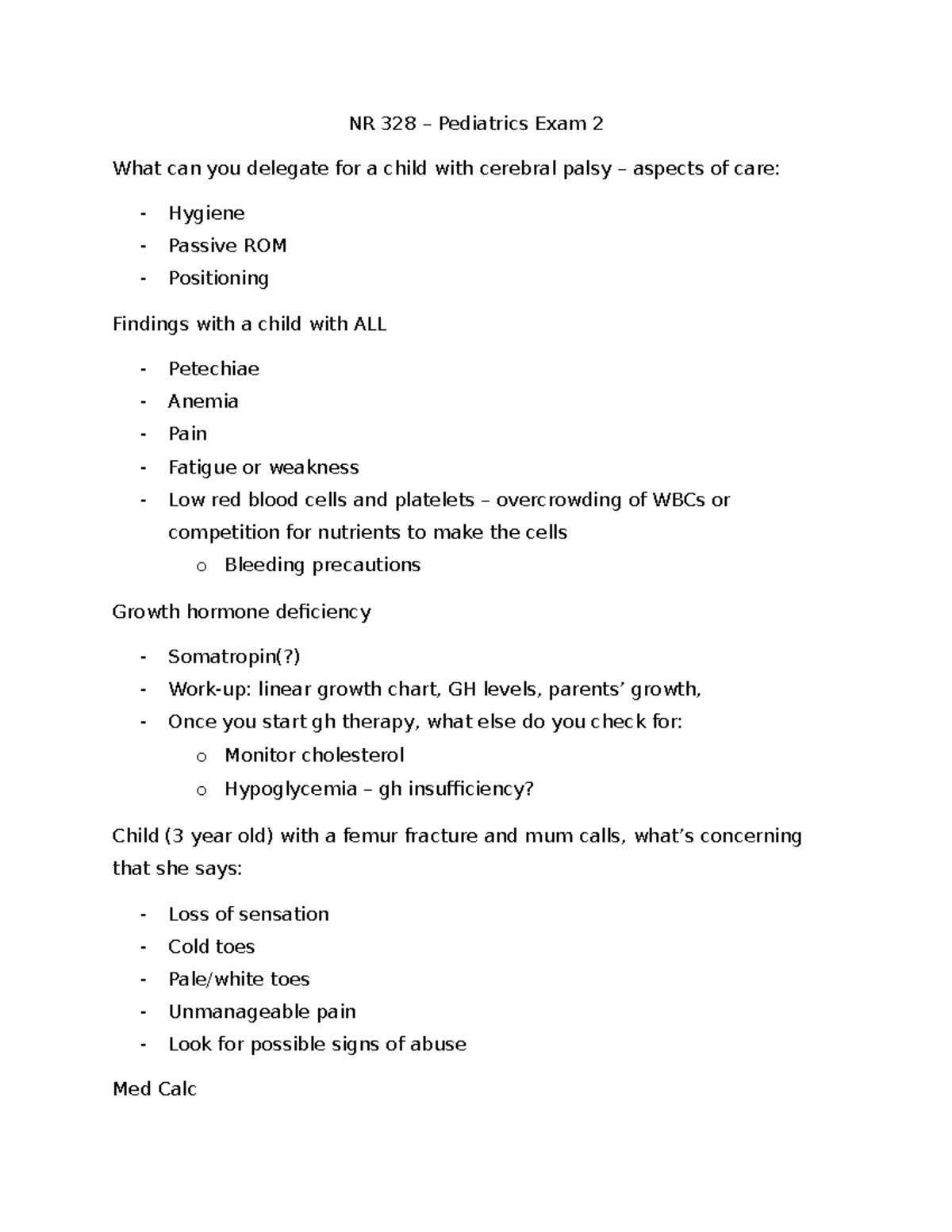 NR 328 - Pediatrics Exam 2 Review: Key Concepts & Care Guidelines - Studocu