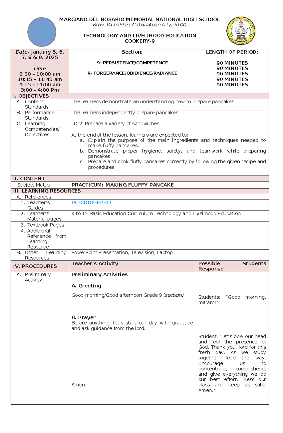 Practicum on Pancake Preparation: DLL for TLE 9 - Studocu
