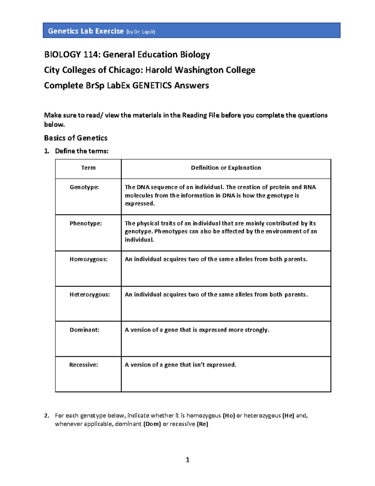 Biology 114 Complete BrSp Genetics Lab Exam Answers - Studocu