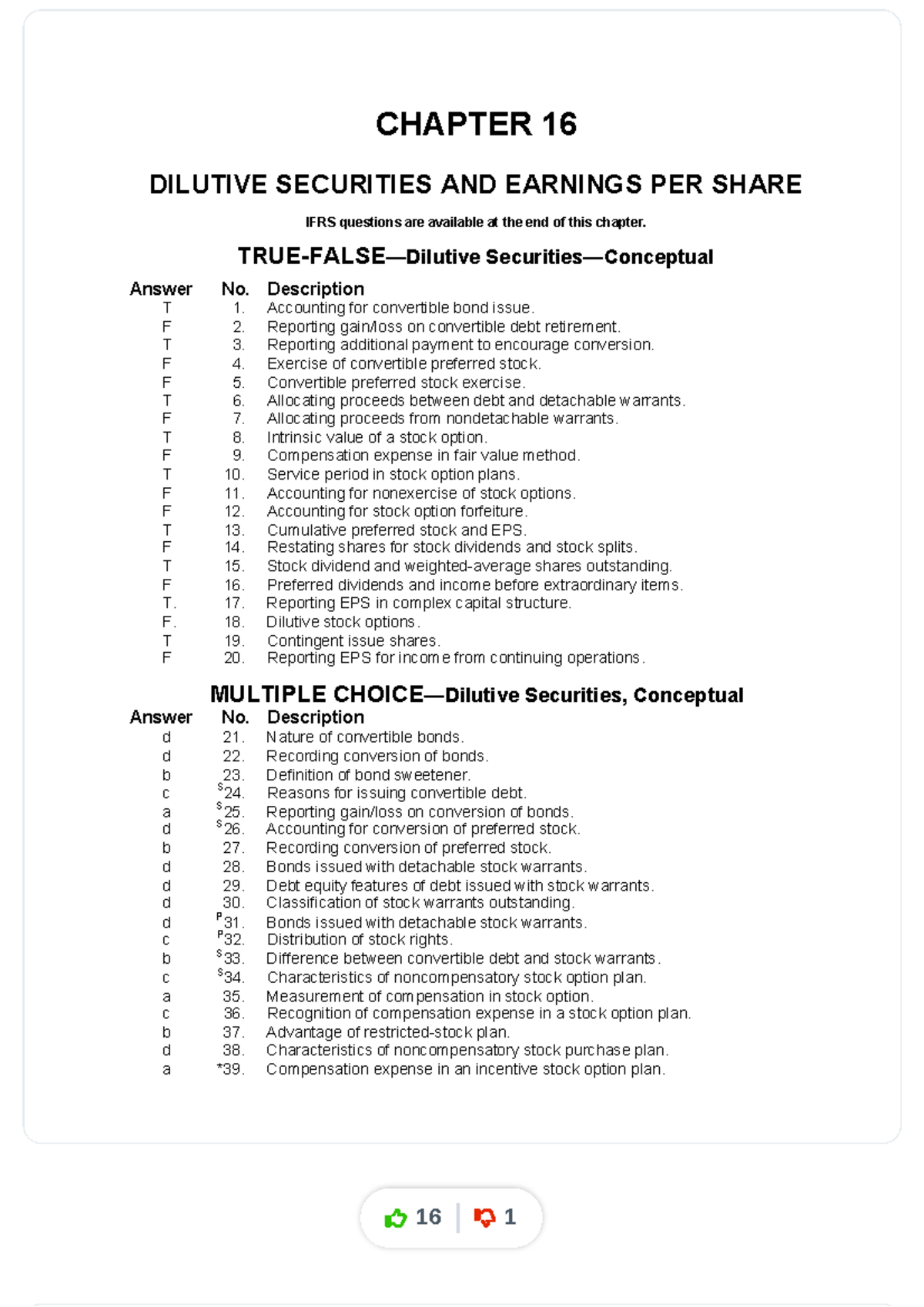 CHAPTER 16: DILUTIVE SECURITIES & EARNINGS PER SHARE - TEST BANK - Studocu