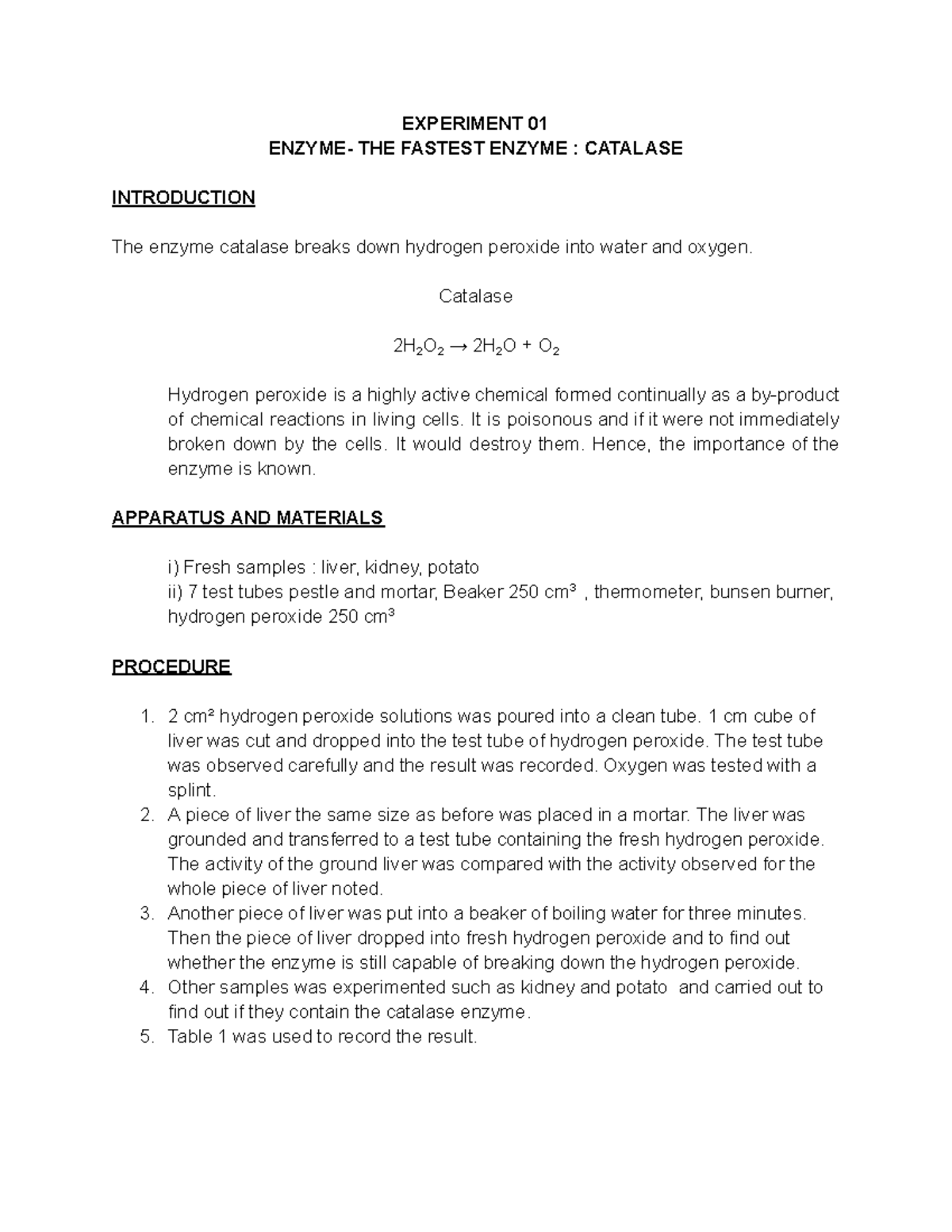 BIO150 Lab Report: Experiment 1 on Catalase Activity and Results - Studocu