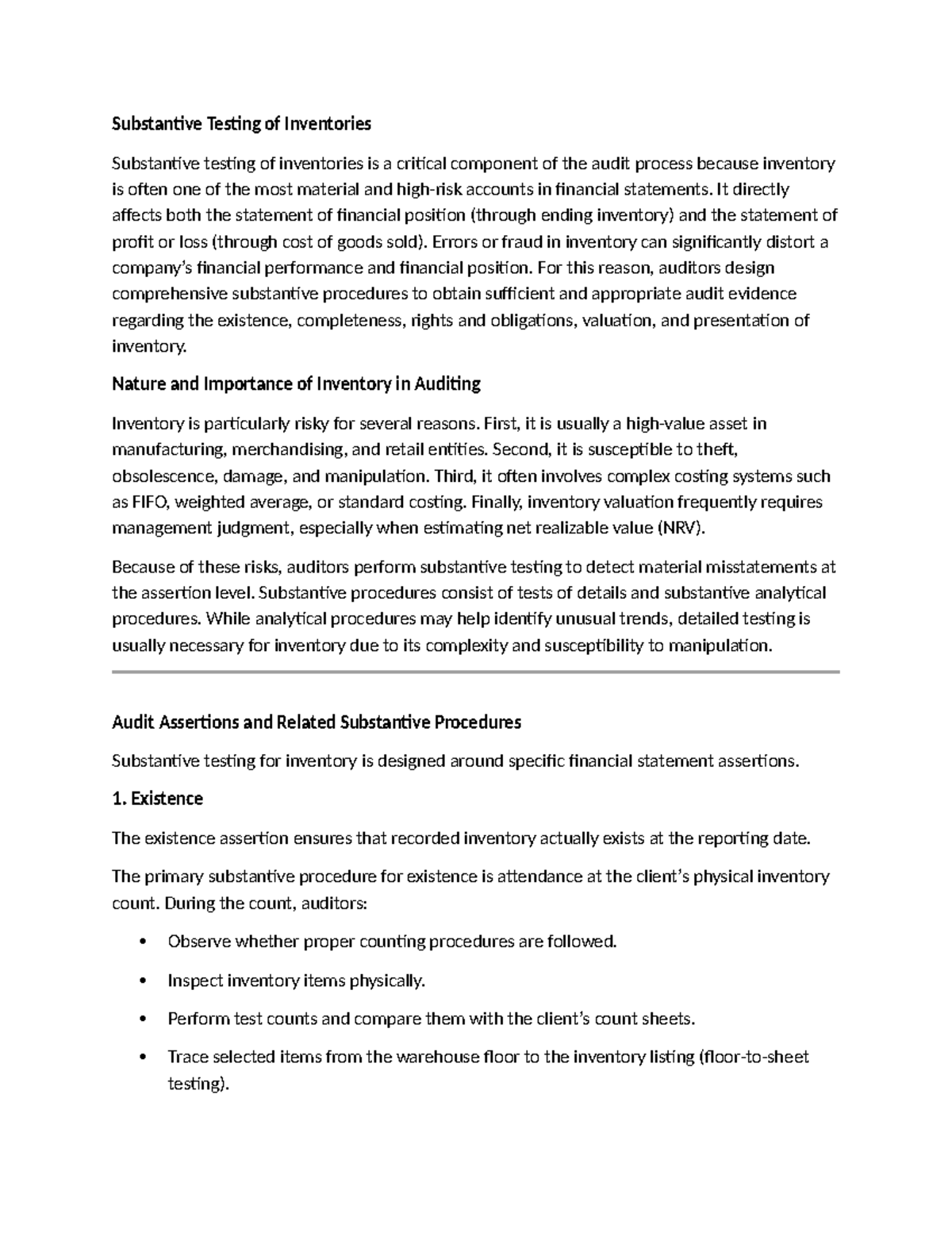 Substantive Testing of Inventories: Audit Procedures and Risks - Studocu