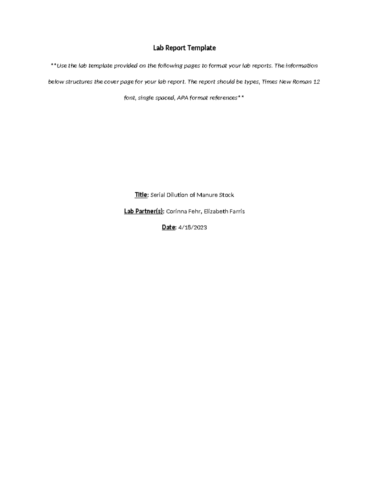 Serial Dilution Lab Report Draft - Analysis of Manure Stock Samples ...