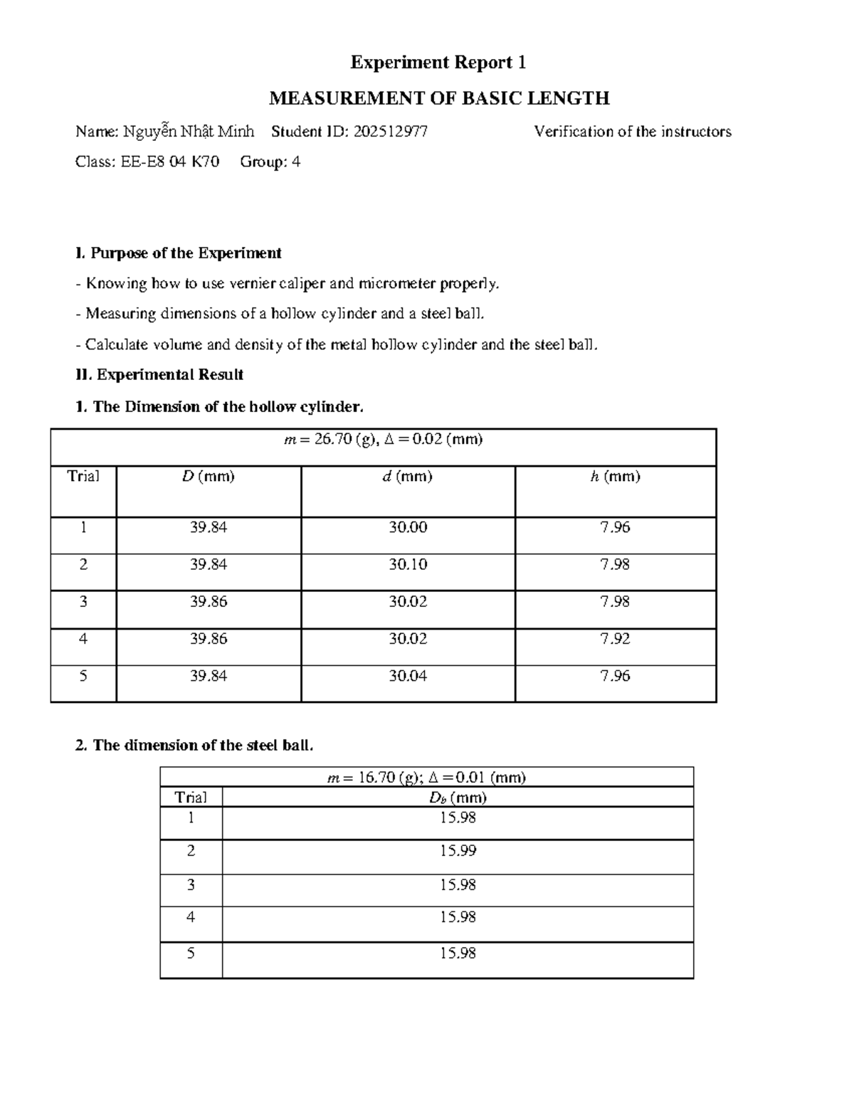 Experiment Report 1: Measurement of Basic Length (ME) - Studocu