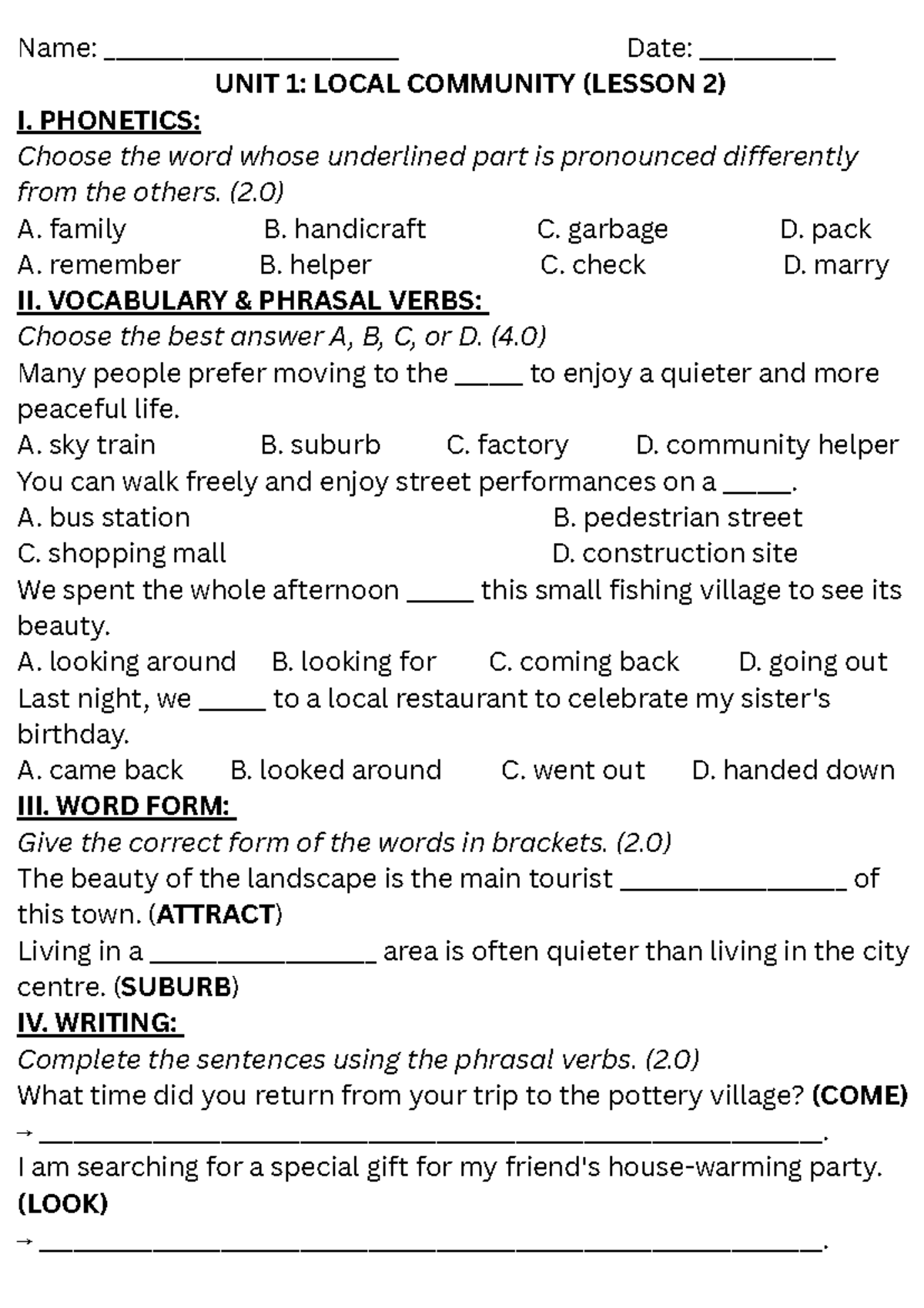 Grade 4: UNIT 1 - LOCAL COMMUNITY (LESSON 2) Phonetics & Vocabulary ...