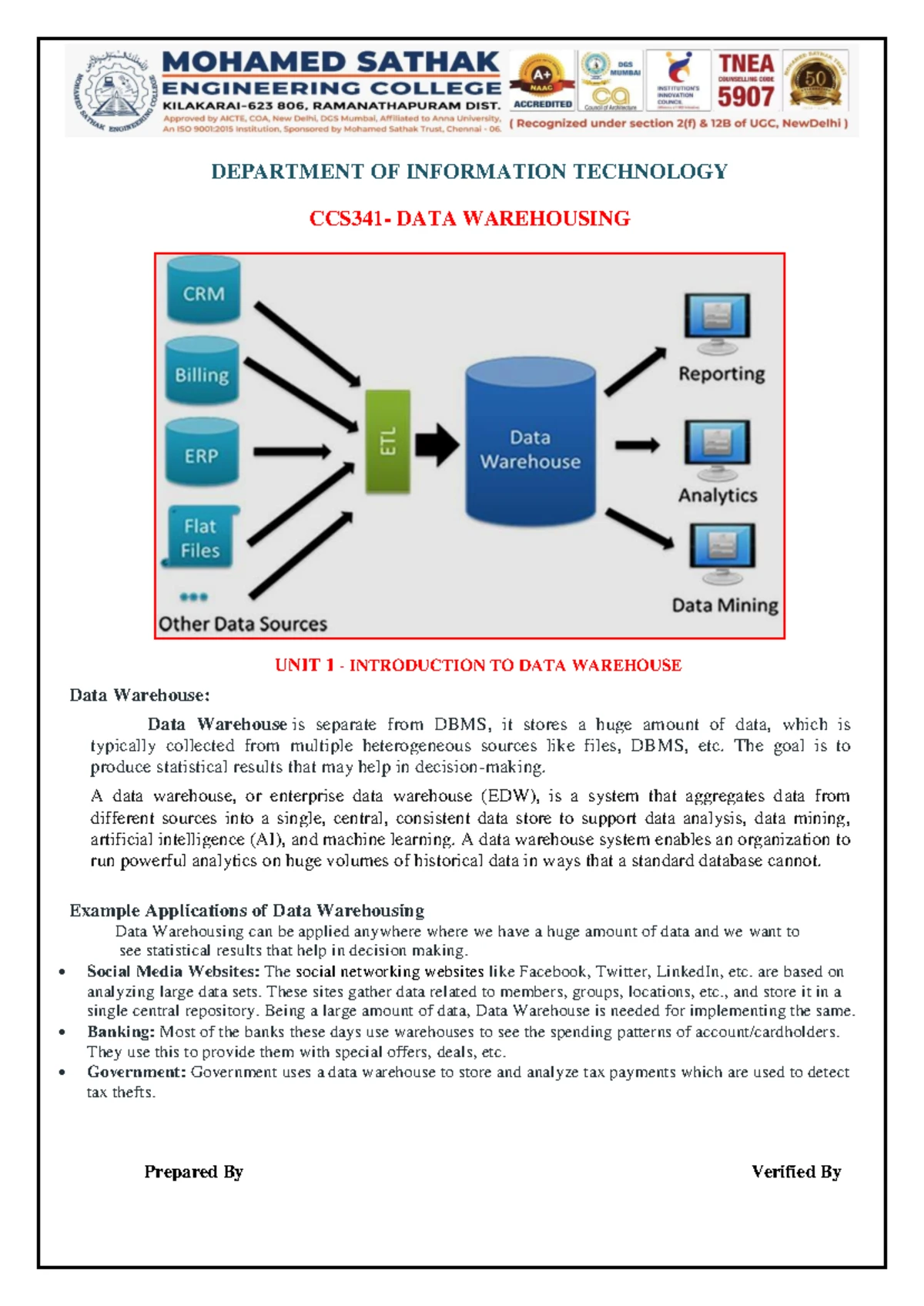 CCS341 Chapter 1 Notes: Introduction to Data Warehousing and ...