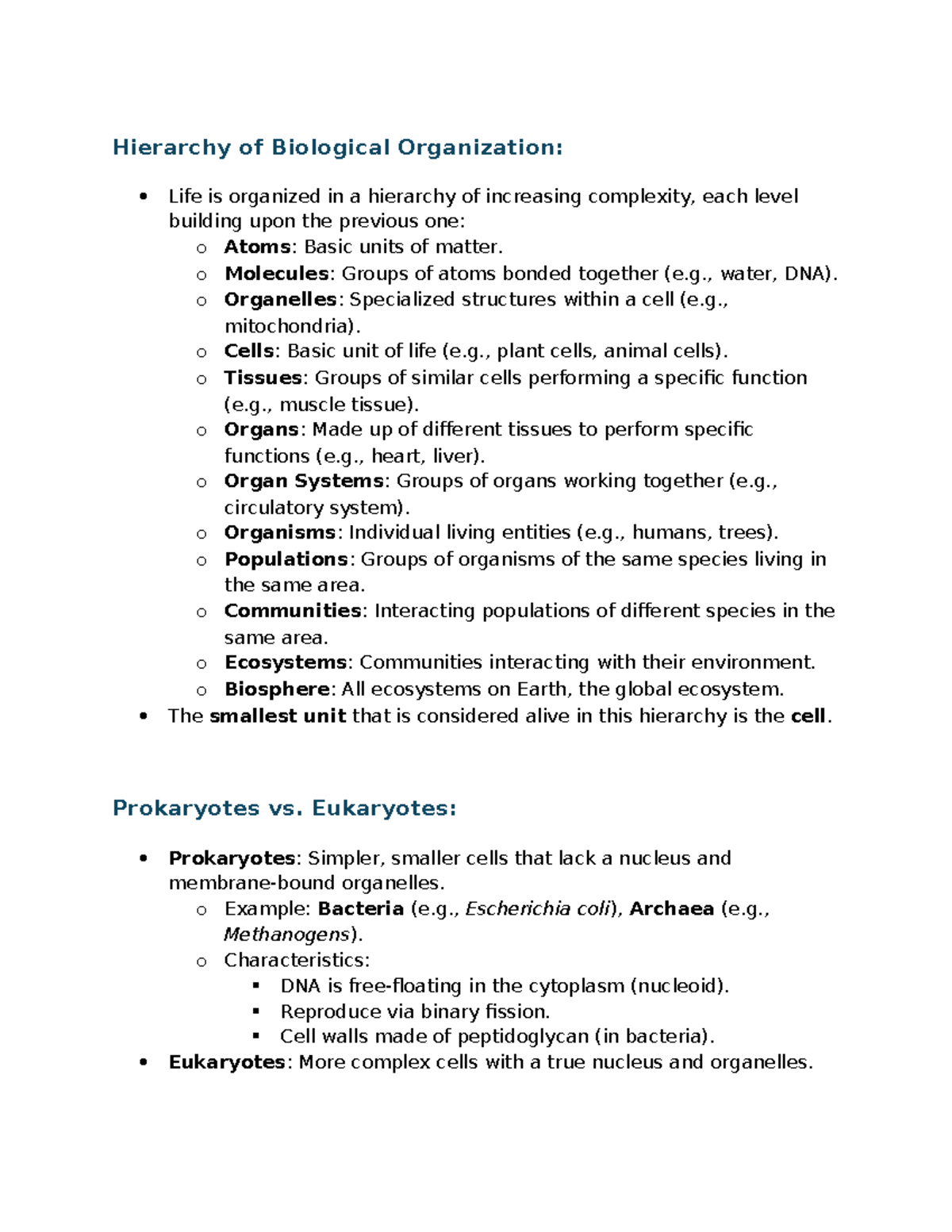 Biological Organization & Prokaryotes vs. Eukaryotes Study Guide ...