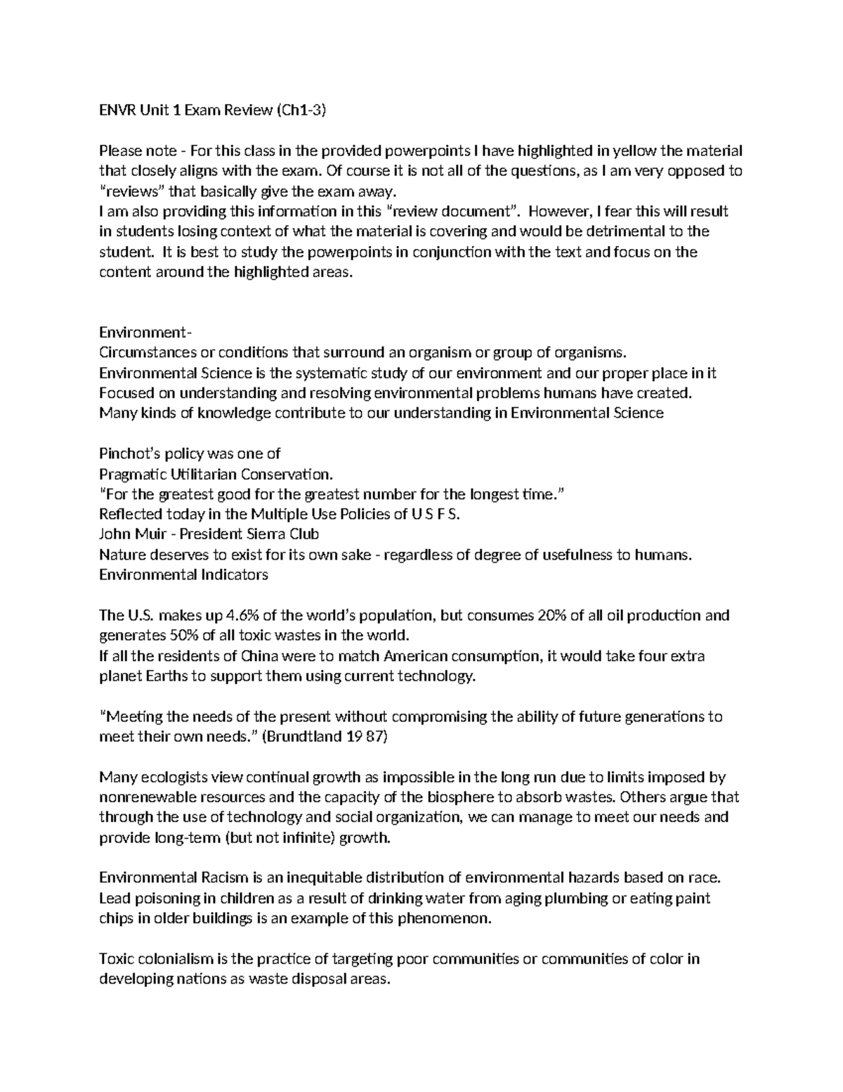 ENVR 101 Unit 1 Exam Review: Key Concepts and Highlights - Studocu