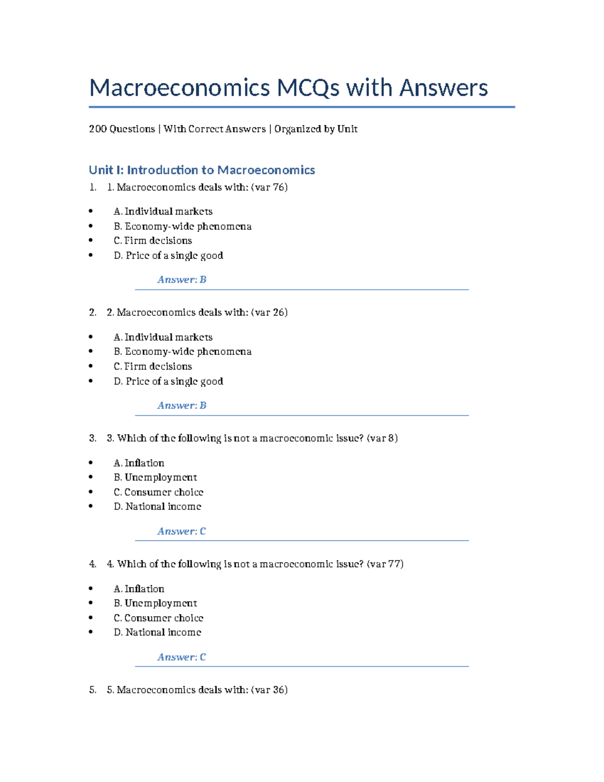Macroeconomics 200 MCQs with Answers: Unit I & II Review - Studocu