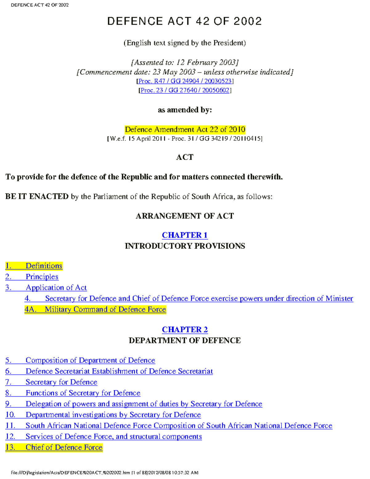 Defence Act 42 of 2002 with Amendments and Key Provisions - Studocu