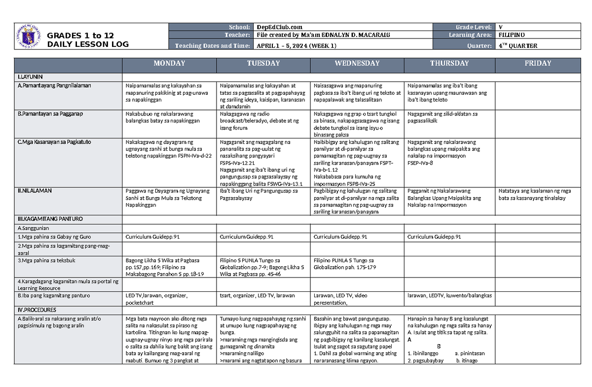 DLL Filipino 5 Q4 W1 - Comprehensive Daily Lesson Log Overview - Studocu