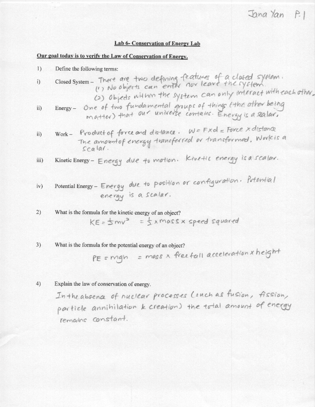 Lab6 - Lab - Jana Yan P Lab Conservation of Energy Lab Our goal today ...